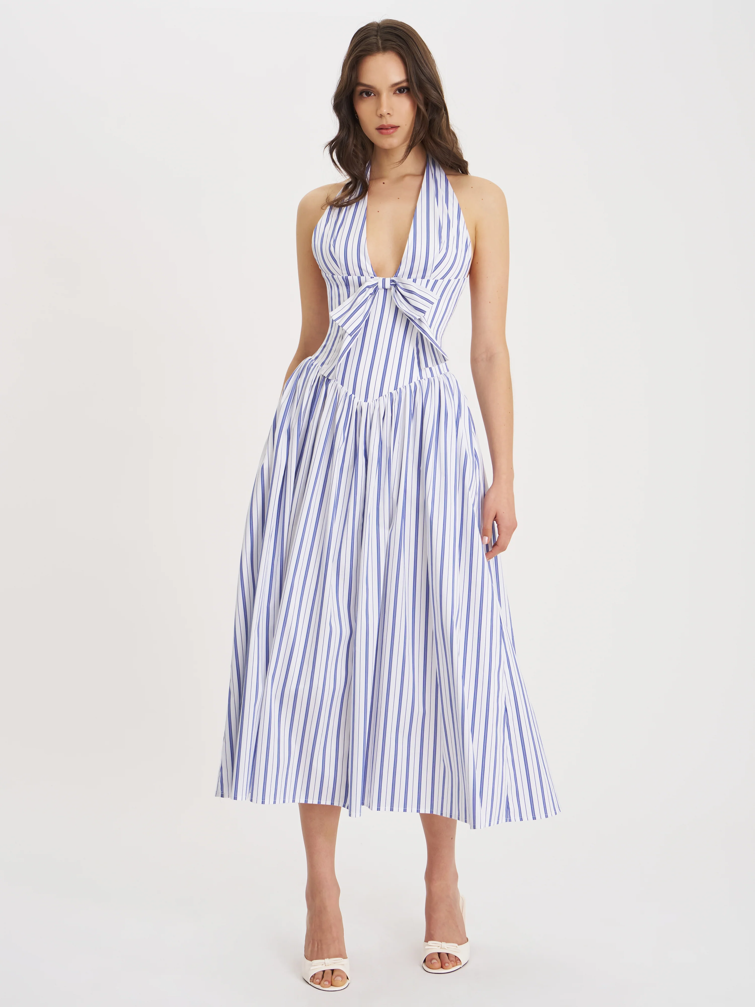 Mackenna Navy Stripe Halter Smock Back Maxi Dress