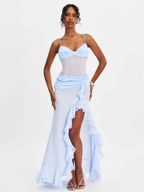 wallie baby blue rhinestone dress Miss Circle Women's Wallie Baby Blue Rhinestone Embellished Mesh Backless Gown