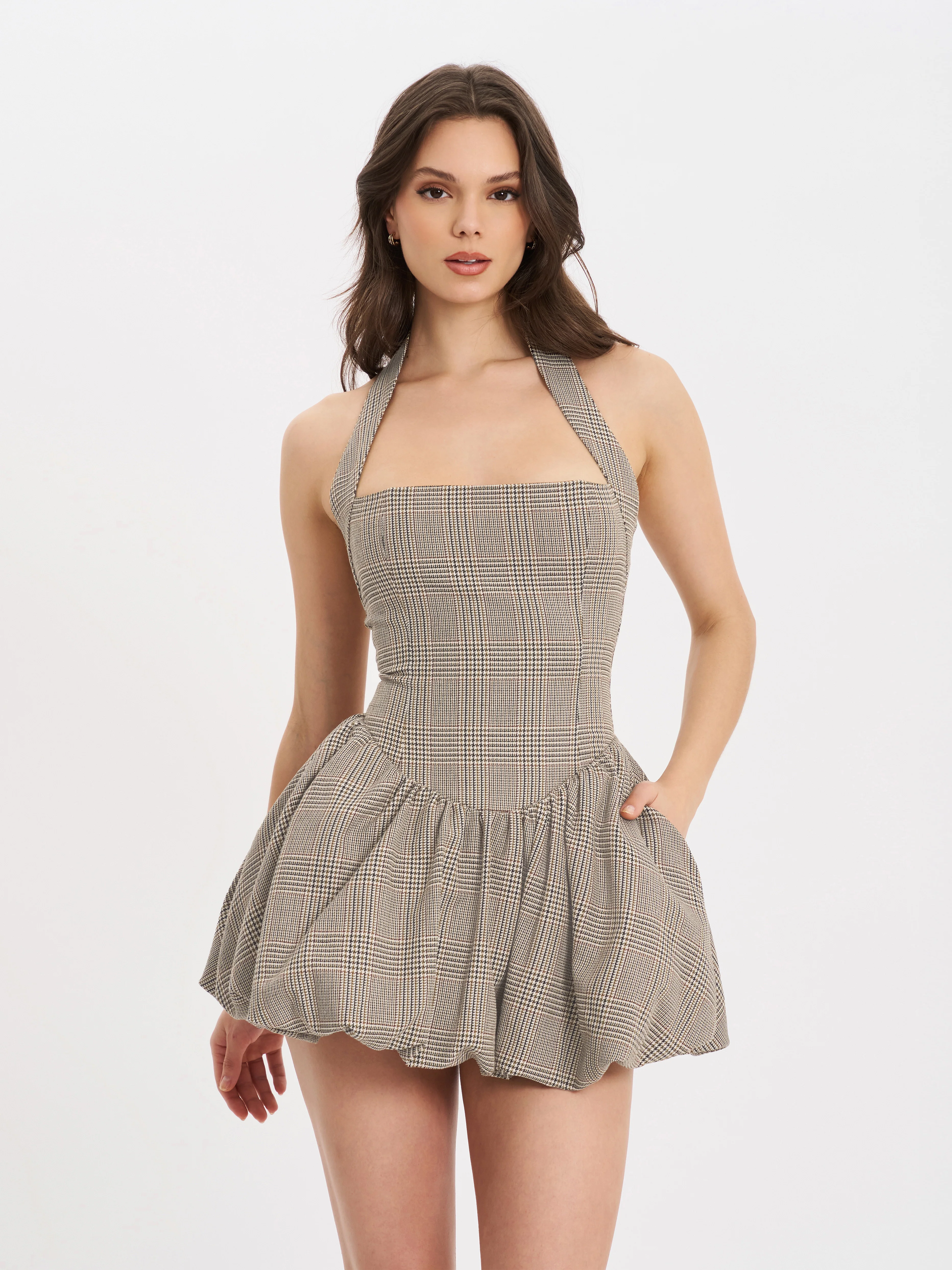 Dacia Plaid Halter Lace-up Bubble Mini Dress