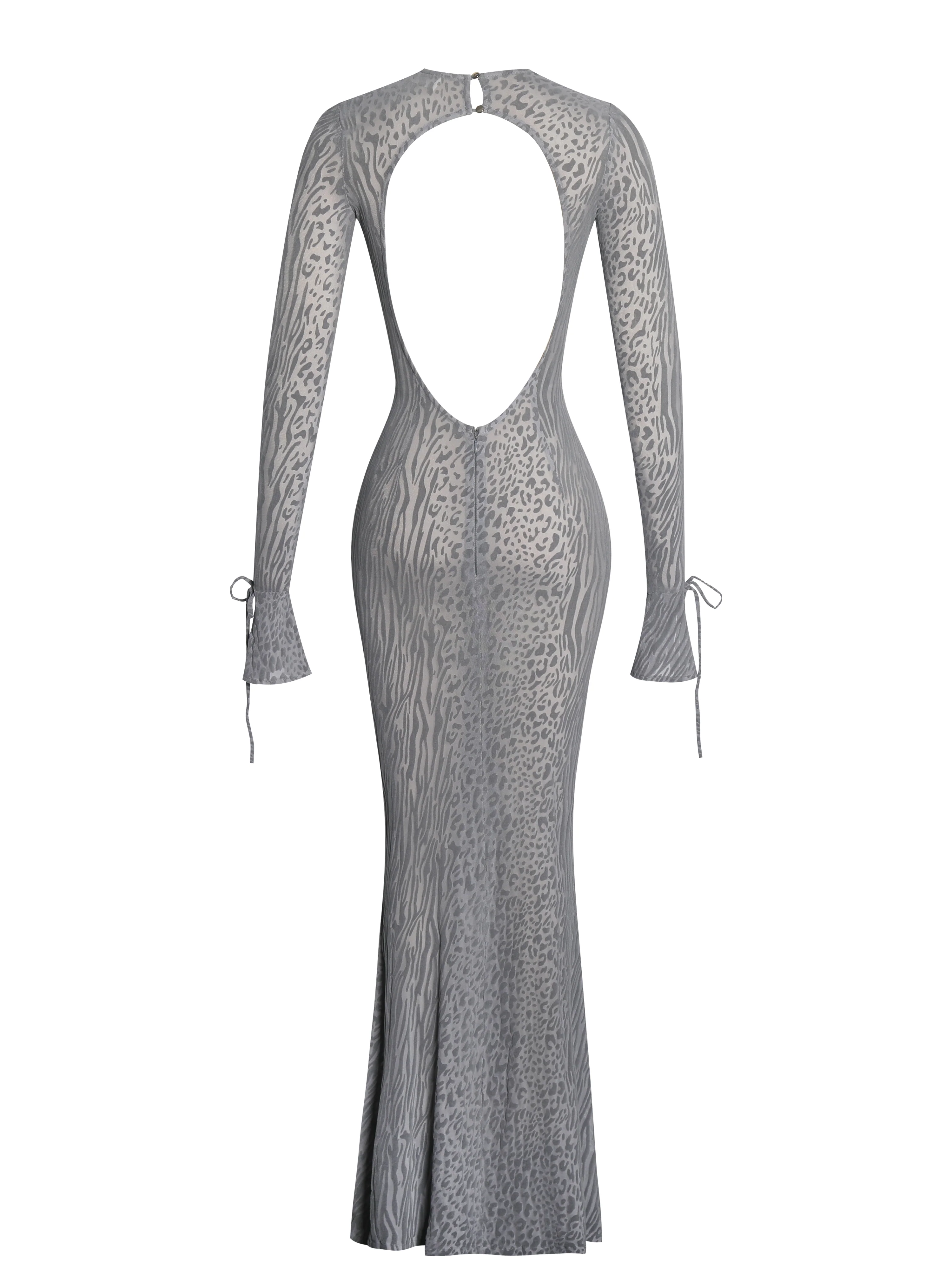 Waylynn Gray Animal Print Burnout Velvet Detail Mesh Backless Maxi Dress