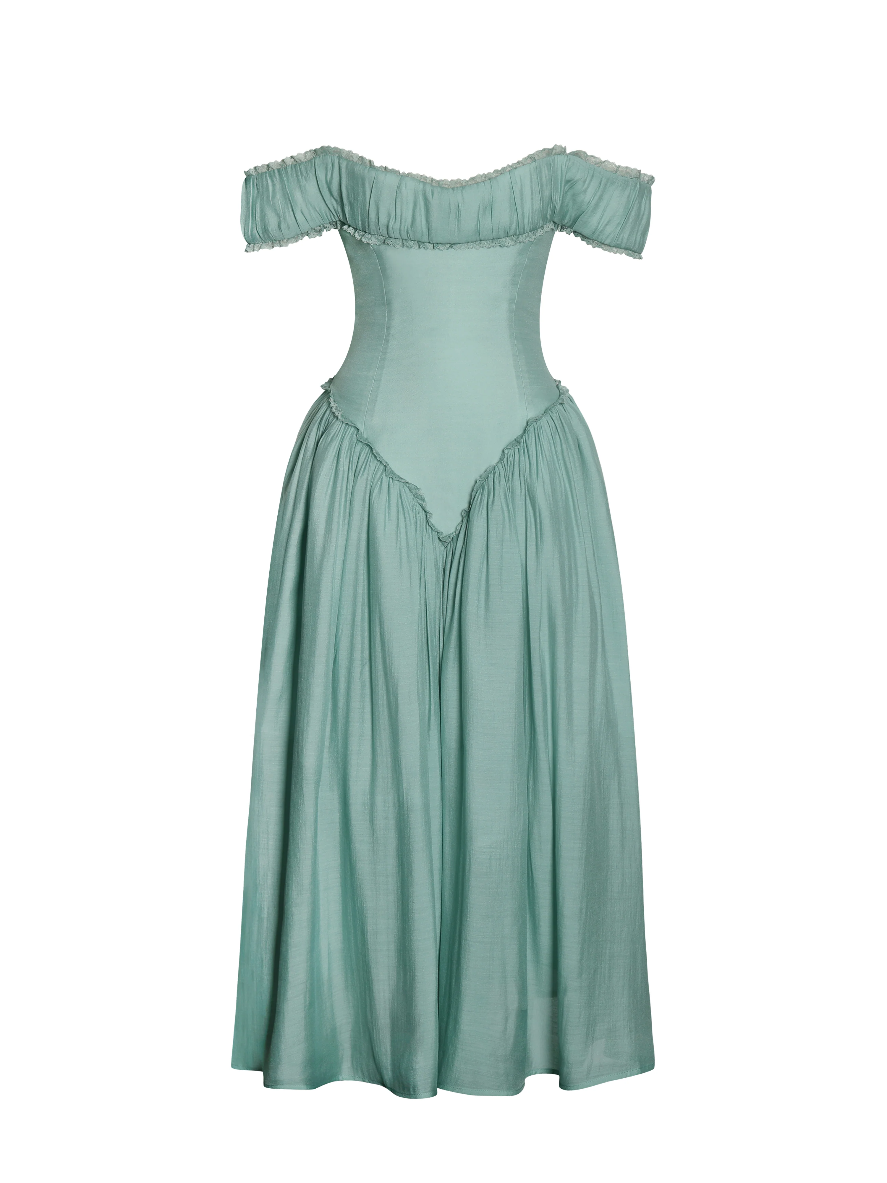 Xavy Teal Green Off Shoulder Corset Midi Dress