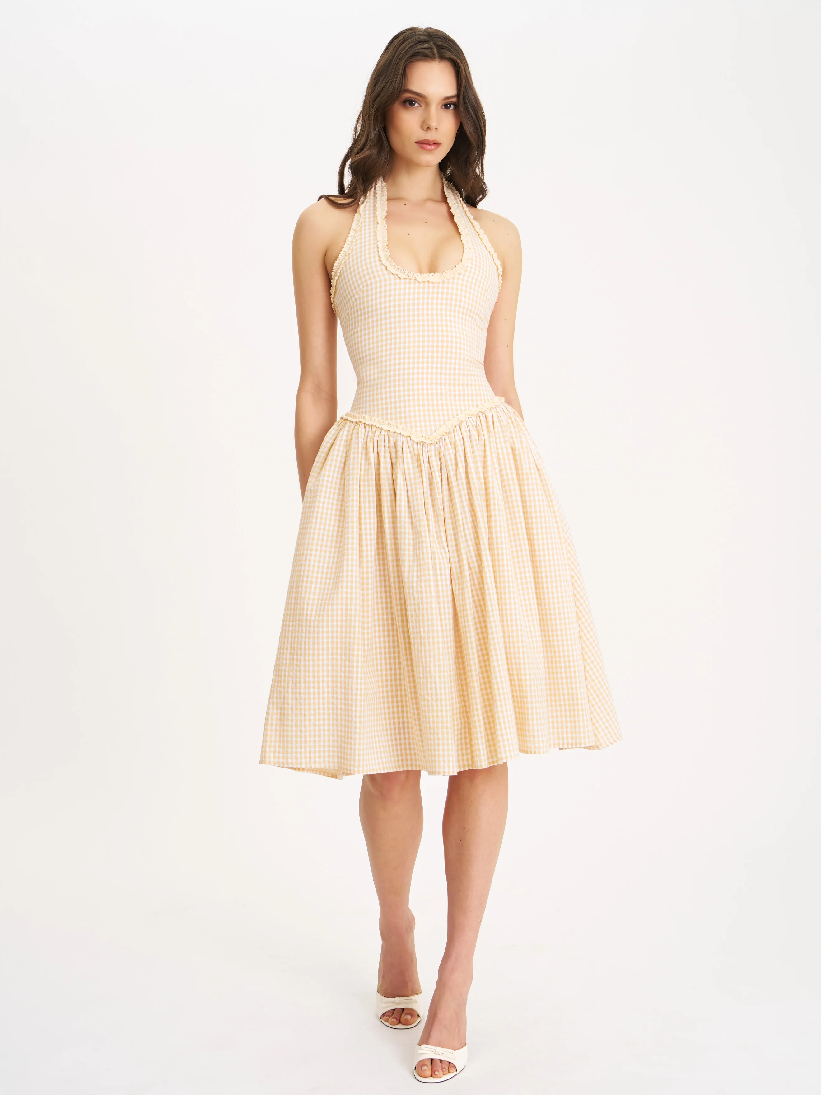 Idella Yellow Gingham U Neck Midi Dress