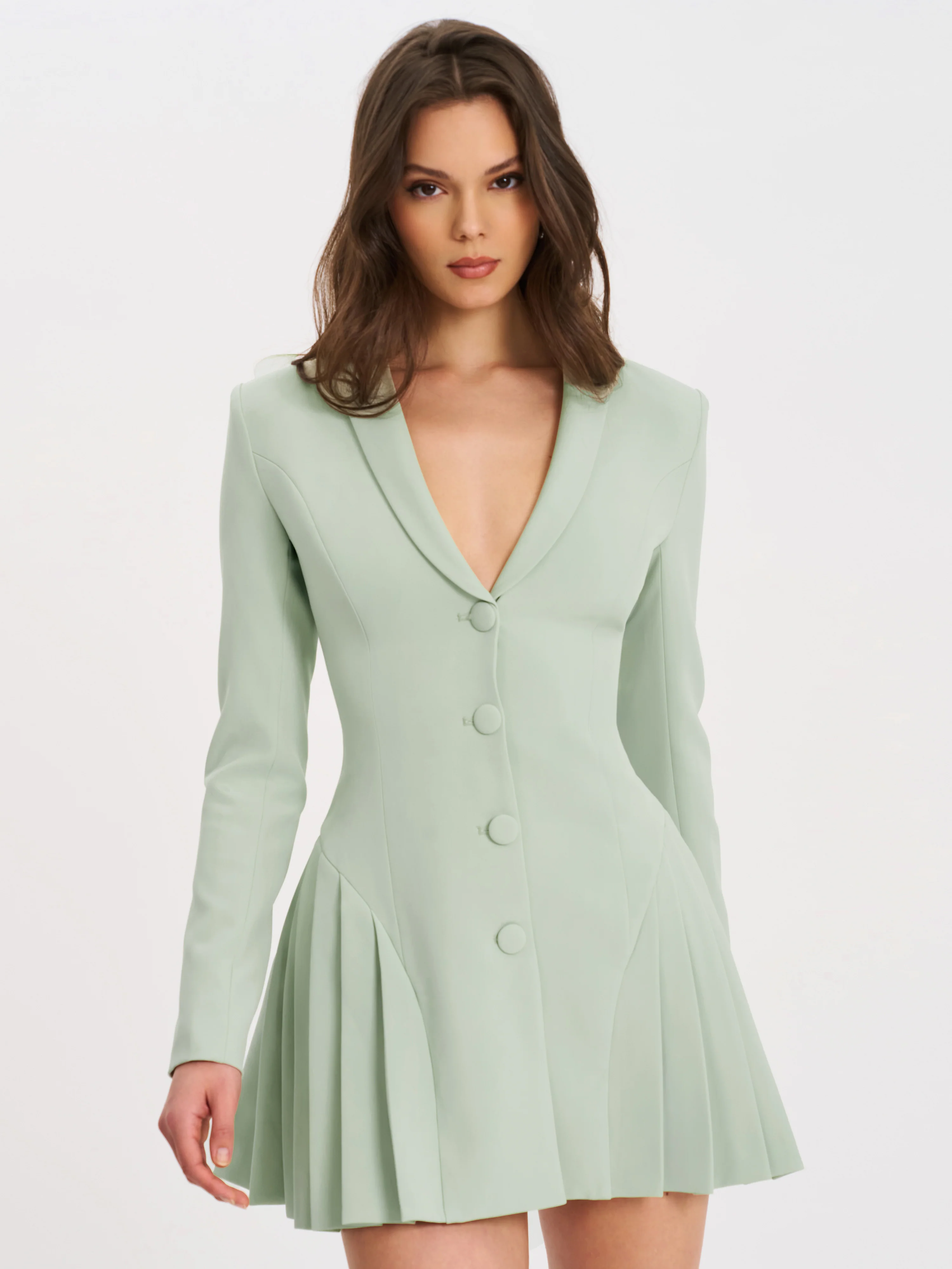 Delia Pistachio Green Blazer Dress with Pleated Detail
