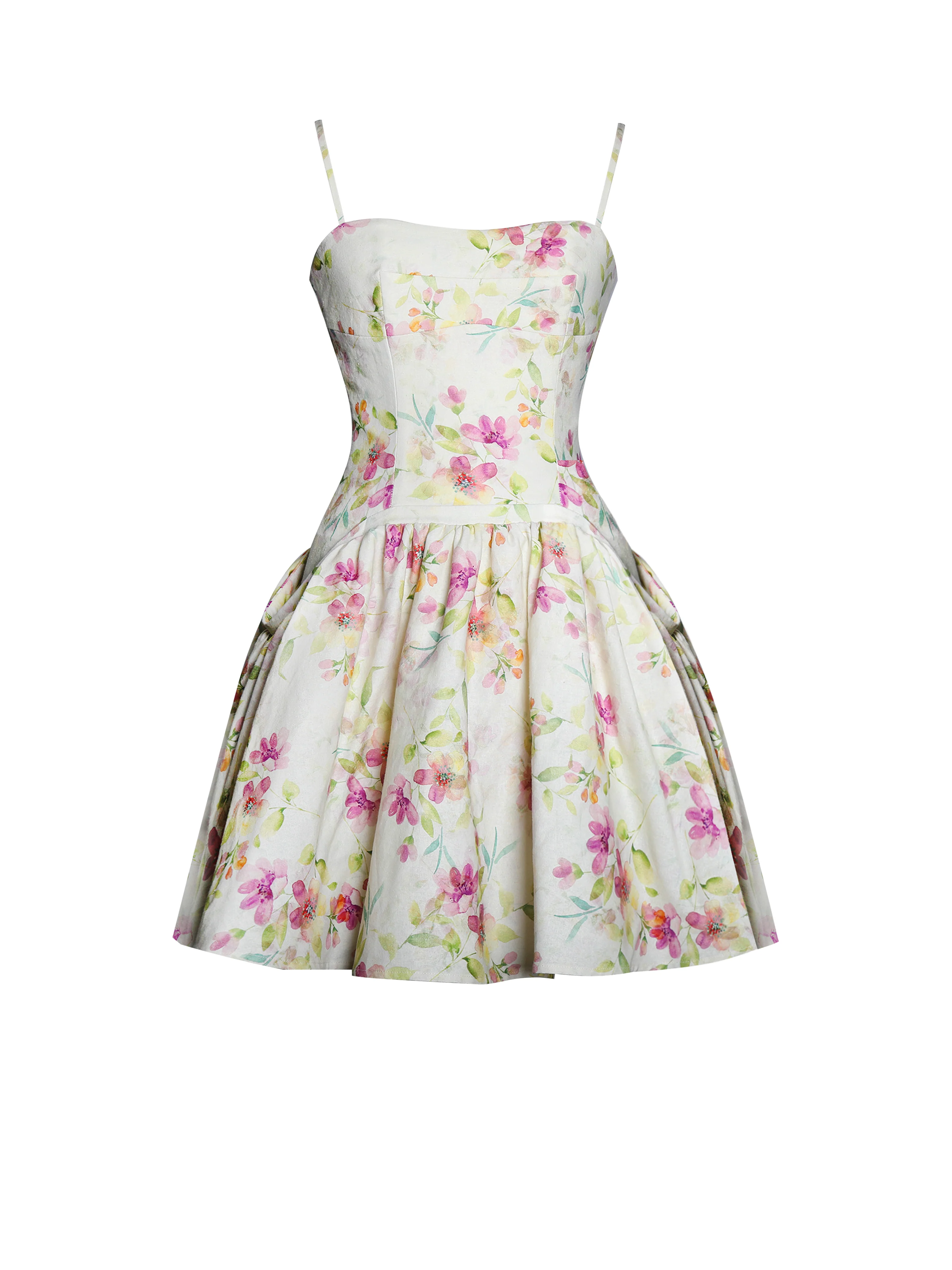 Valda Yellow and Pink Print Linen Mini Dress with Pockets