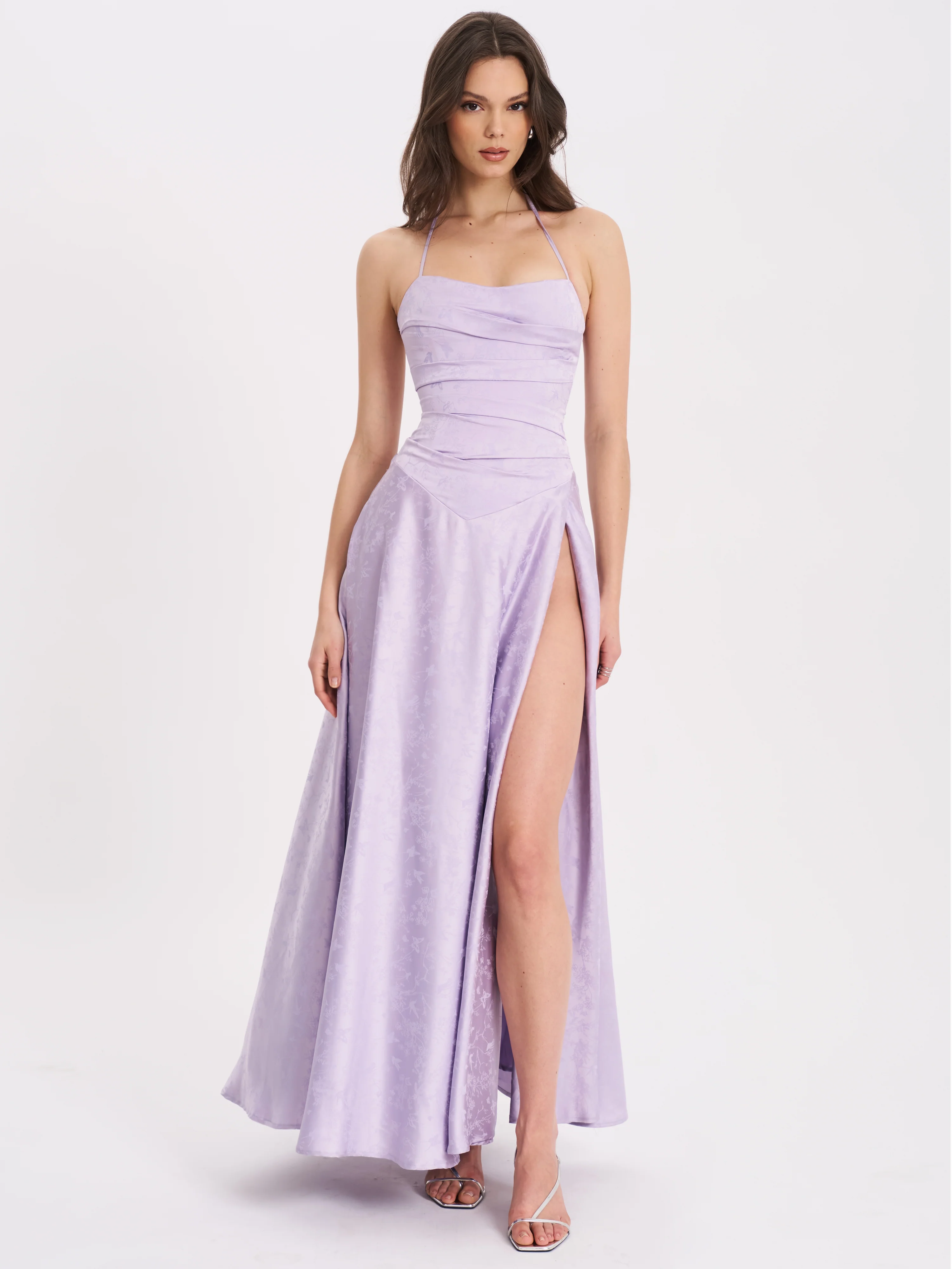 Raegan Taro Purple Jacquard Rouched Maxi Dress