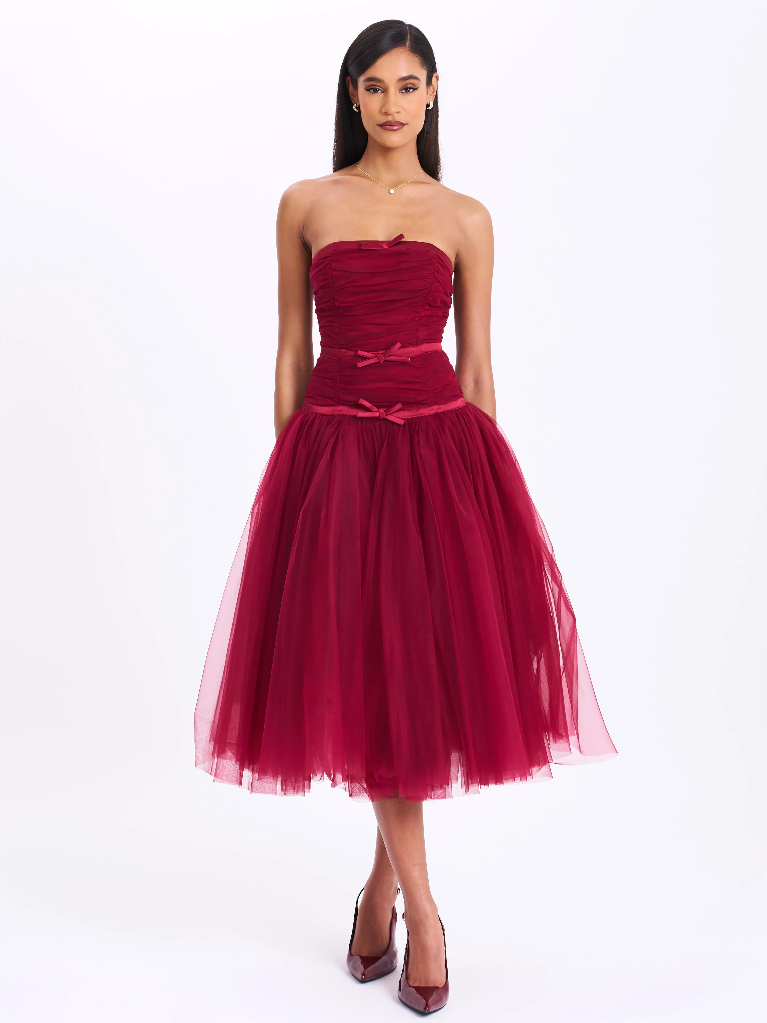Mabel Burgundy Drop Waist Layered Mesh Midi Puffy Dress with Bow