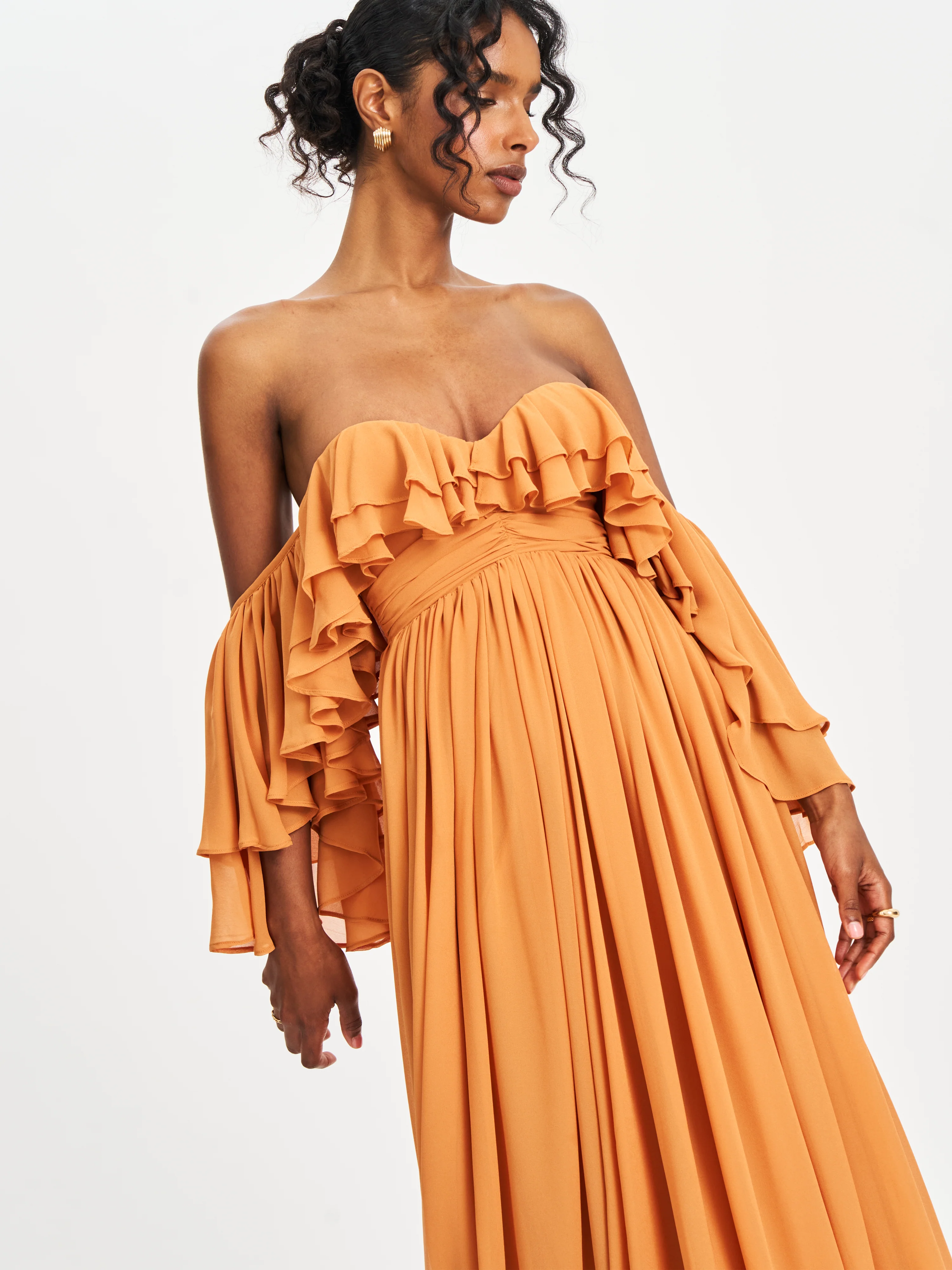 Kaela Brickwork Off Shoulder Chiffon Maxi Dress