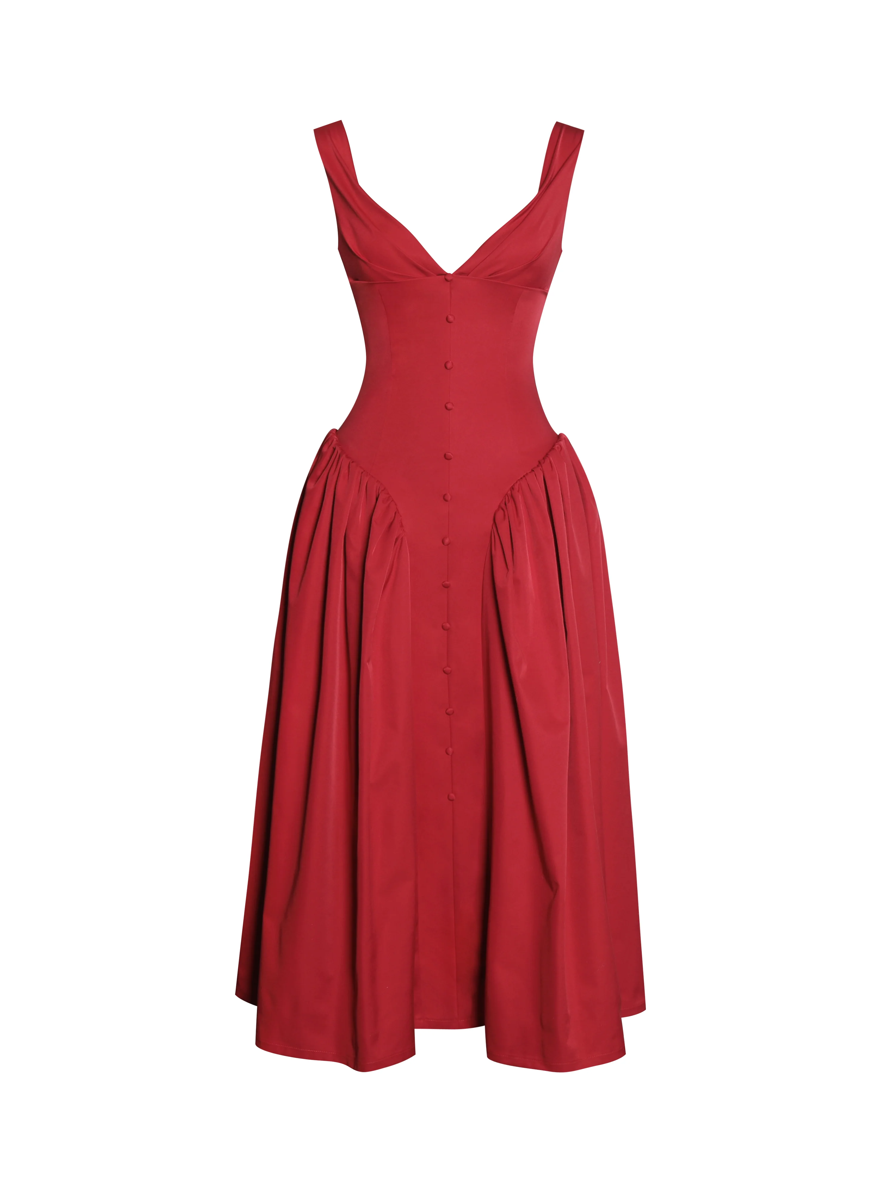 Nahla Red Drop Waist Midi Dress with Buttons