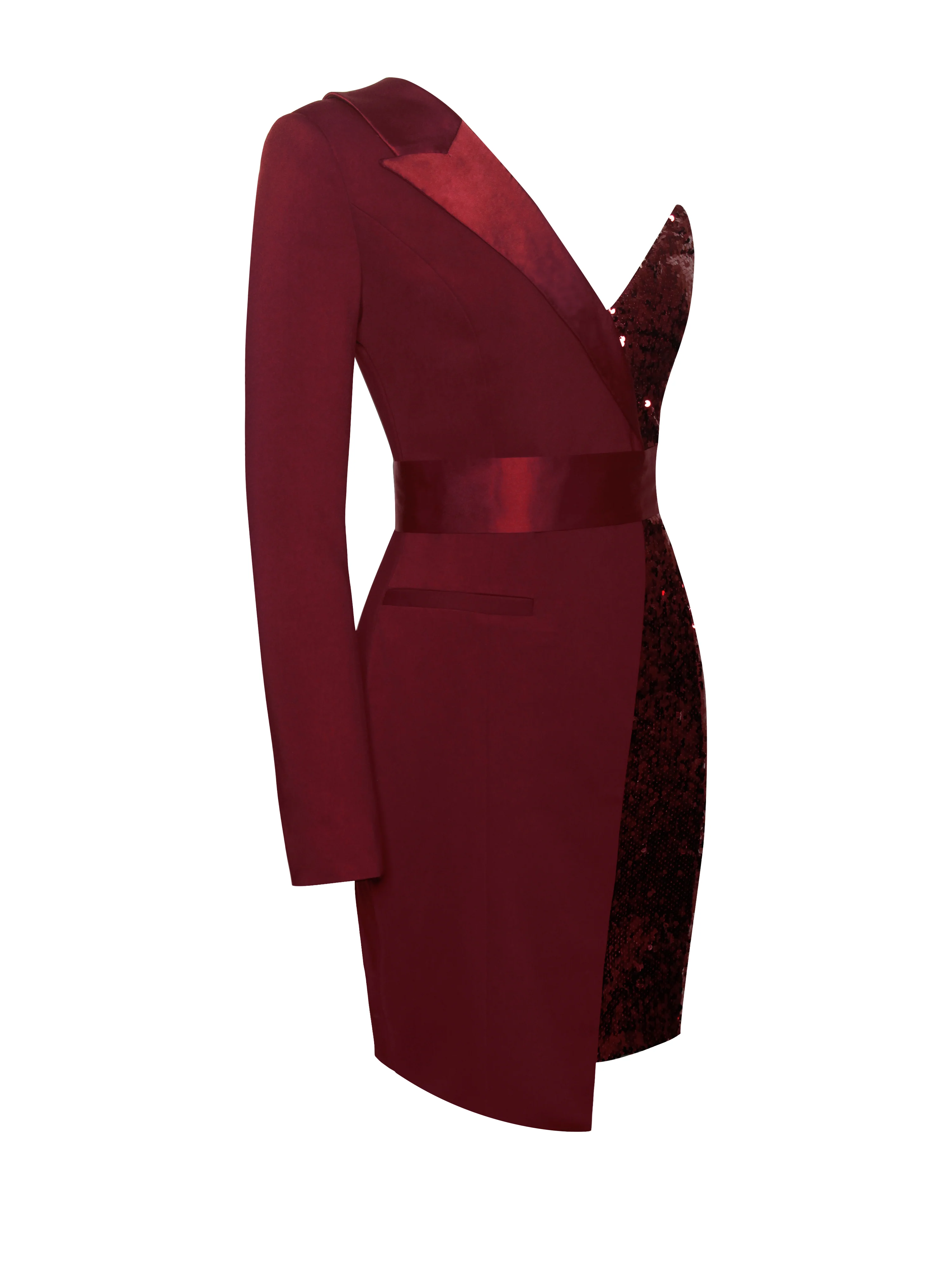 Silver Night Wine Red Sequin Crepe Tuxedo Blazer Dress