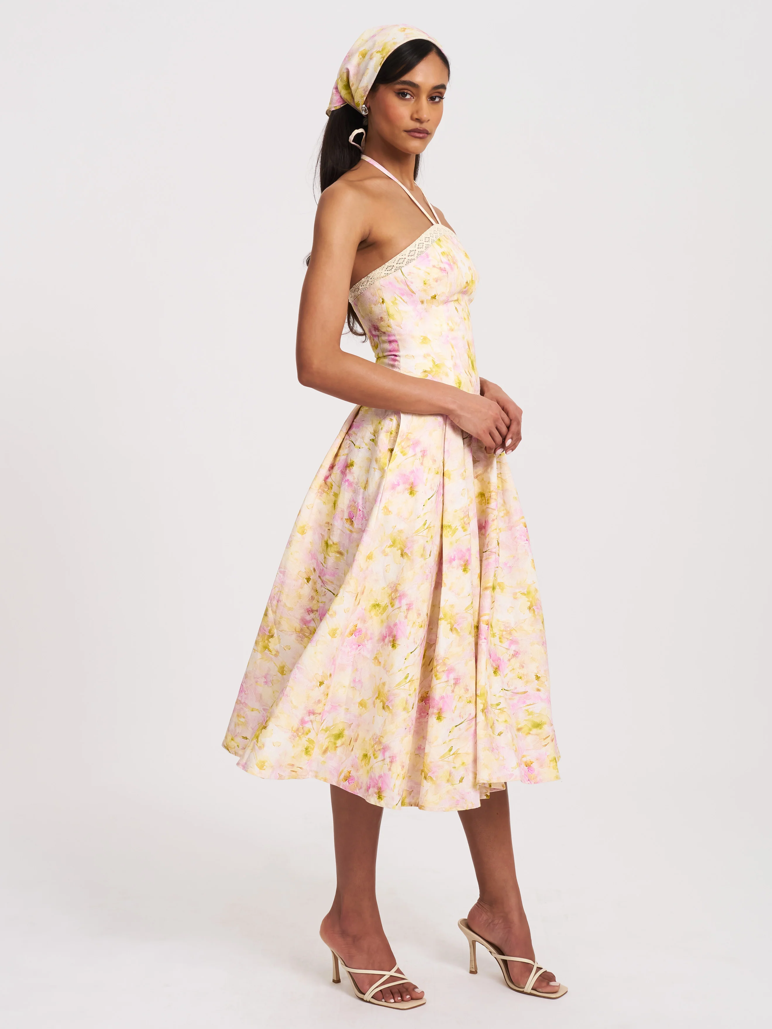 Zaina Yellow Pink Floral Print Lace Trim Linen Midi Dress