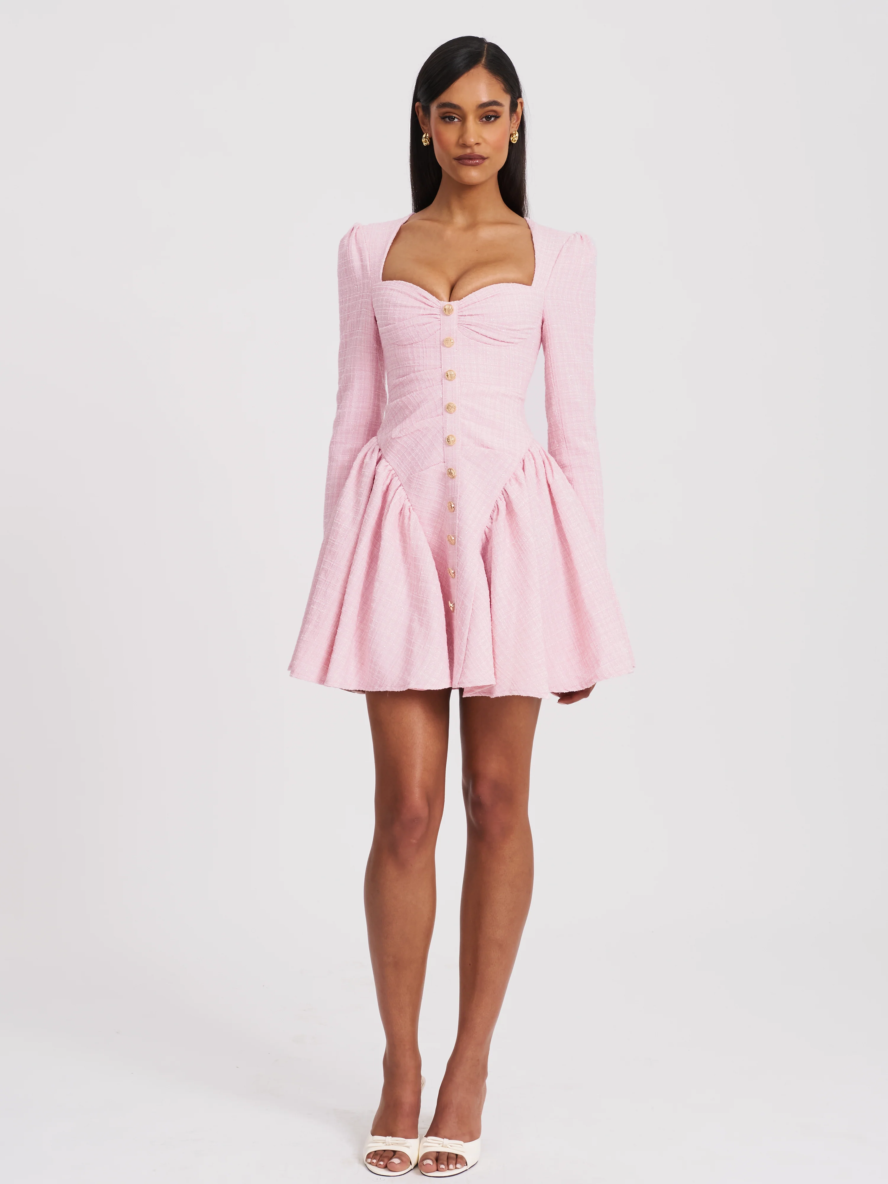 Tae Pink Tweed Long Sleeve Drop Waist Mini Dress