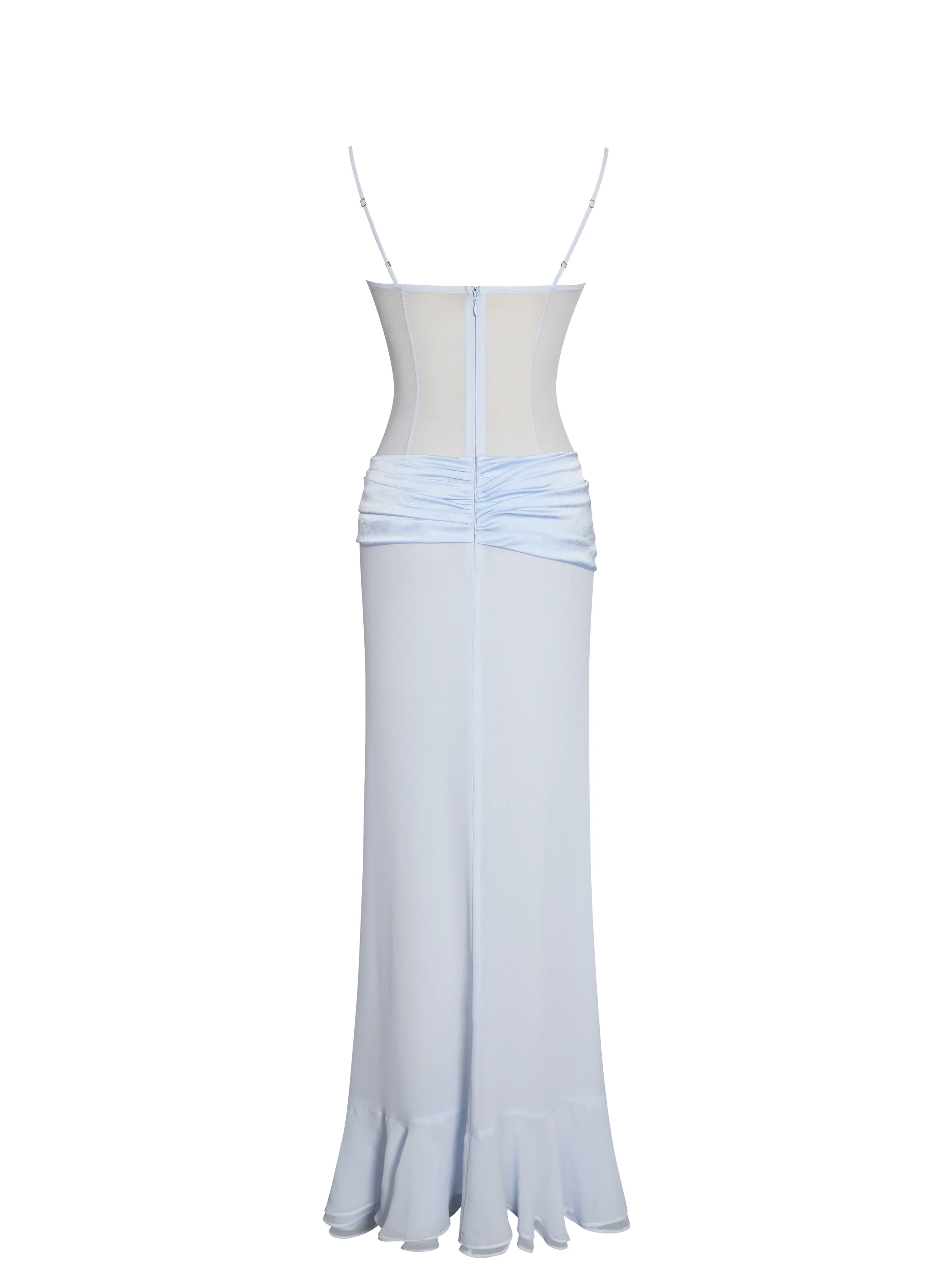 Lacy Blue Ruched Breast High Slit Chiffon Dress