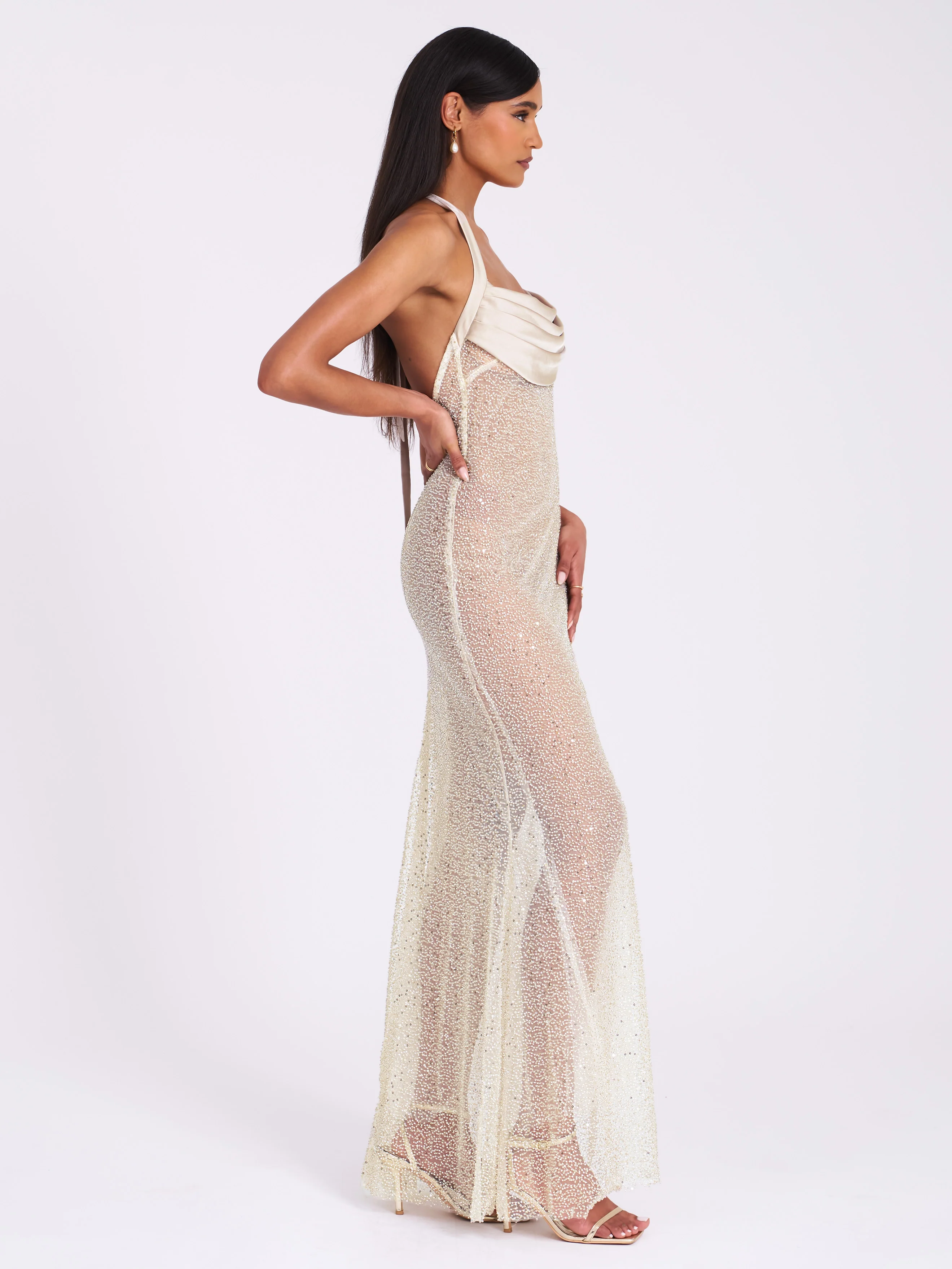 Zahya Lime Halter Backless Beaded Mesh Gown