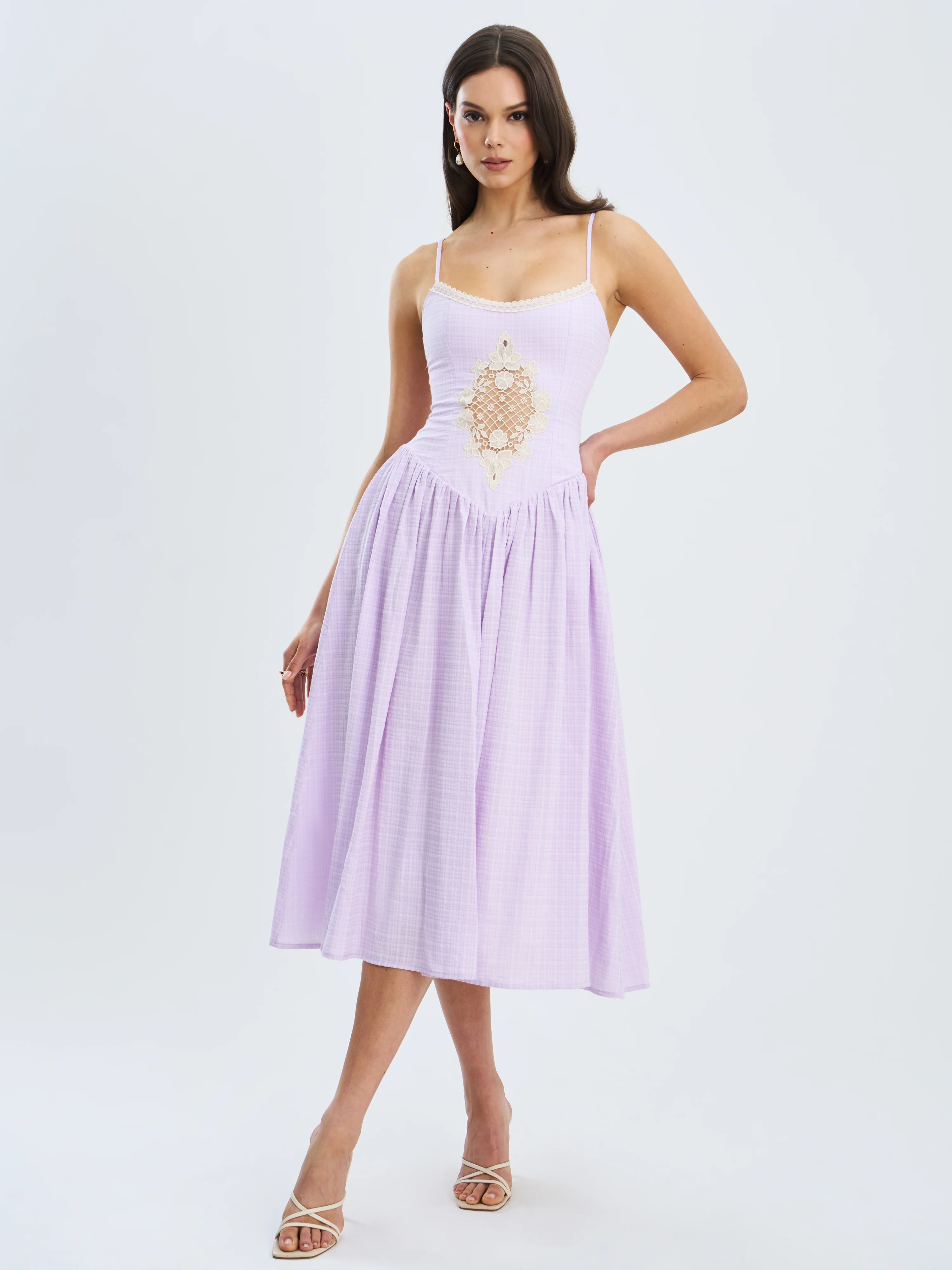 Jaclyn Lavender Lace Trim Cutout Seersucker Midi Dress