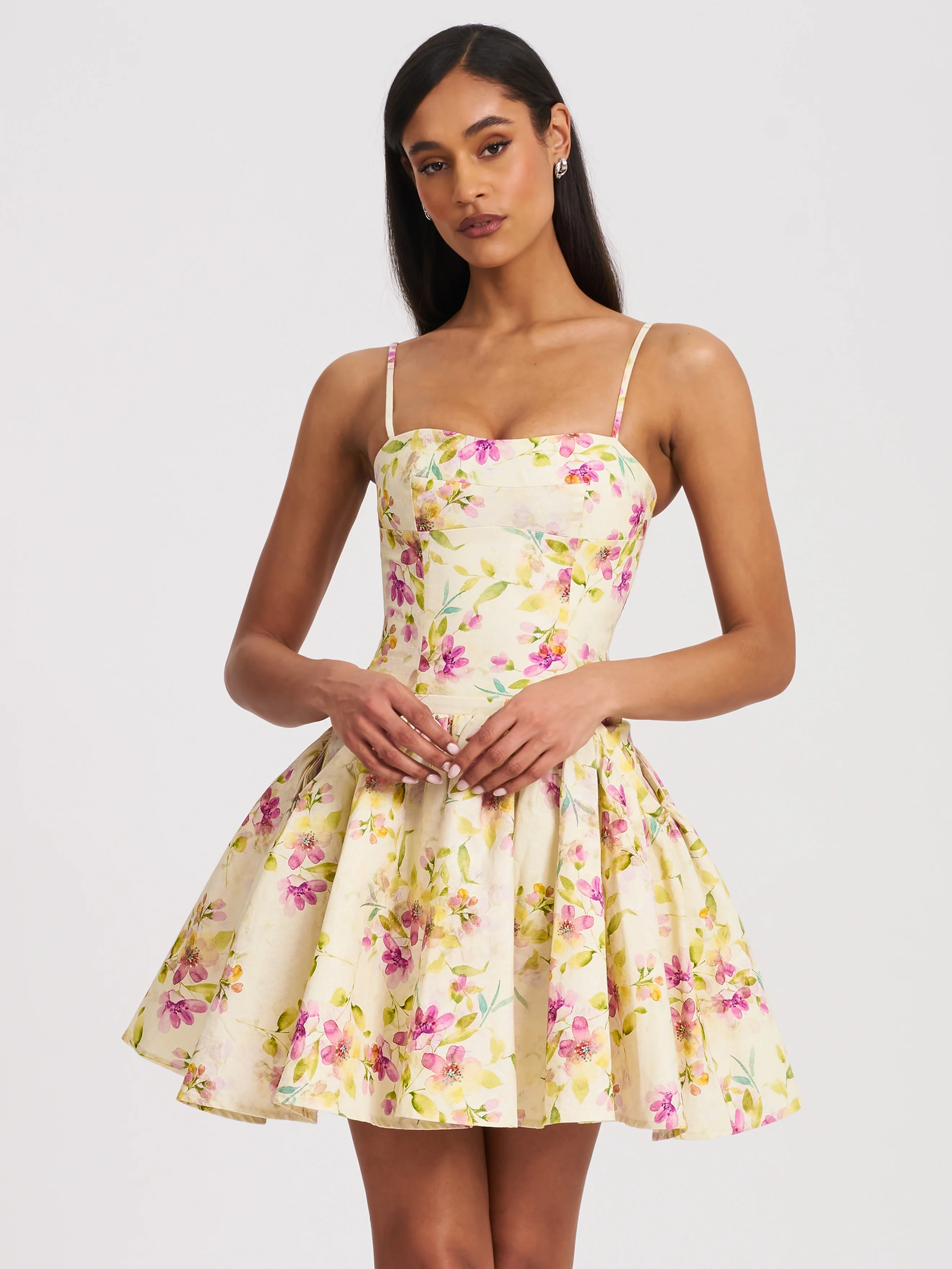 Valda Yellow and Pink Print Linen Mini Dress with Pockets