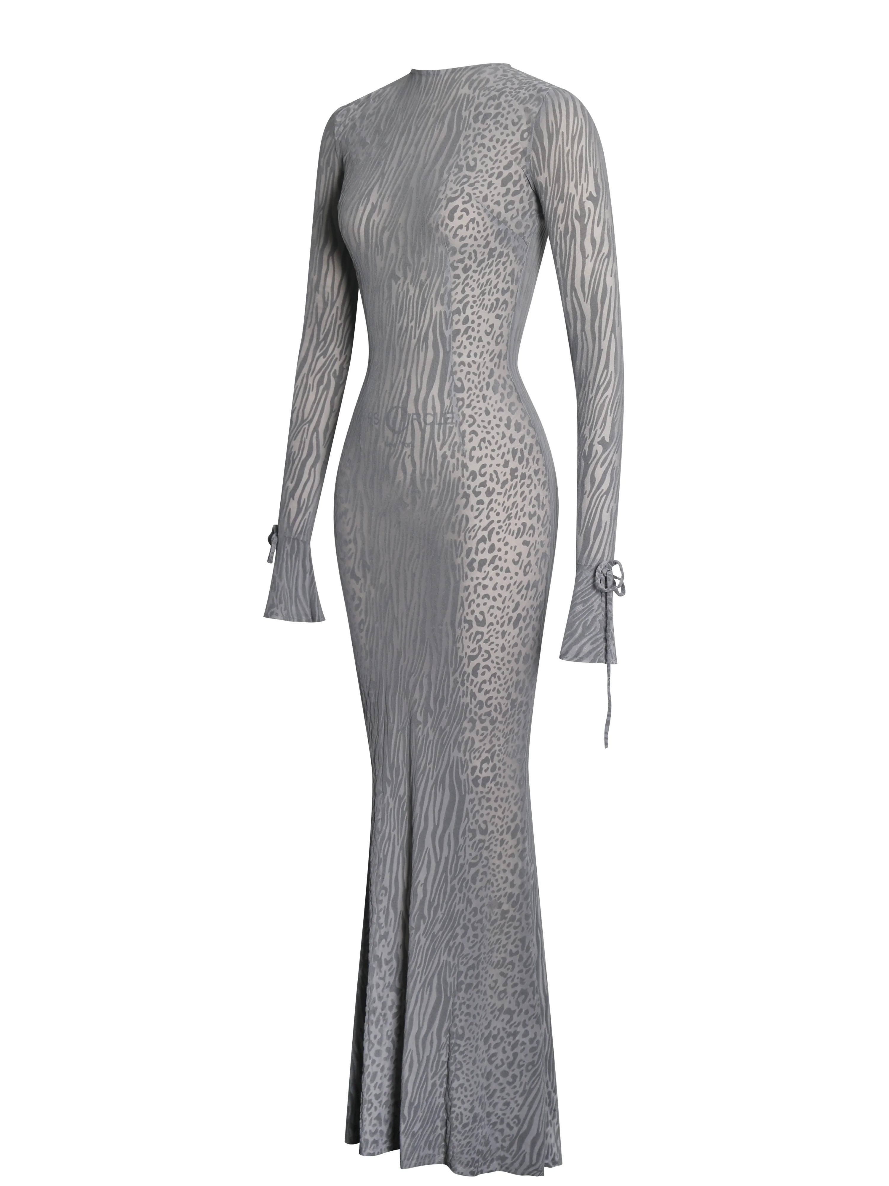 Waylynn Gray Animal Print Burnout Velvet Detail Mesh Backless Maxi Dress