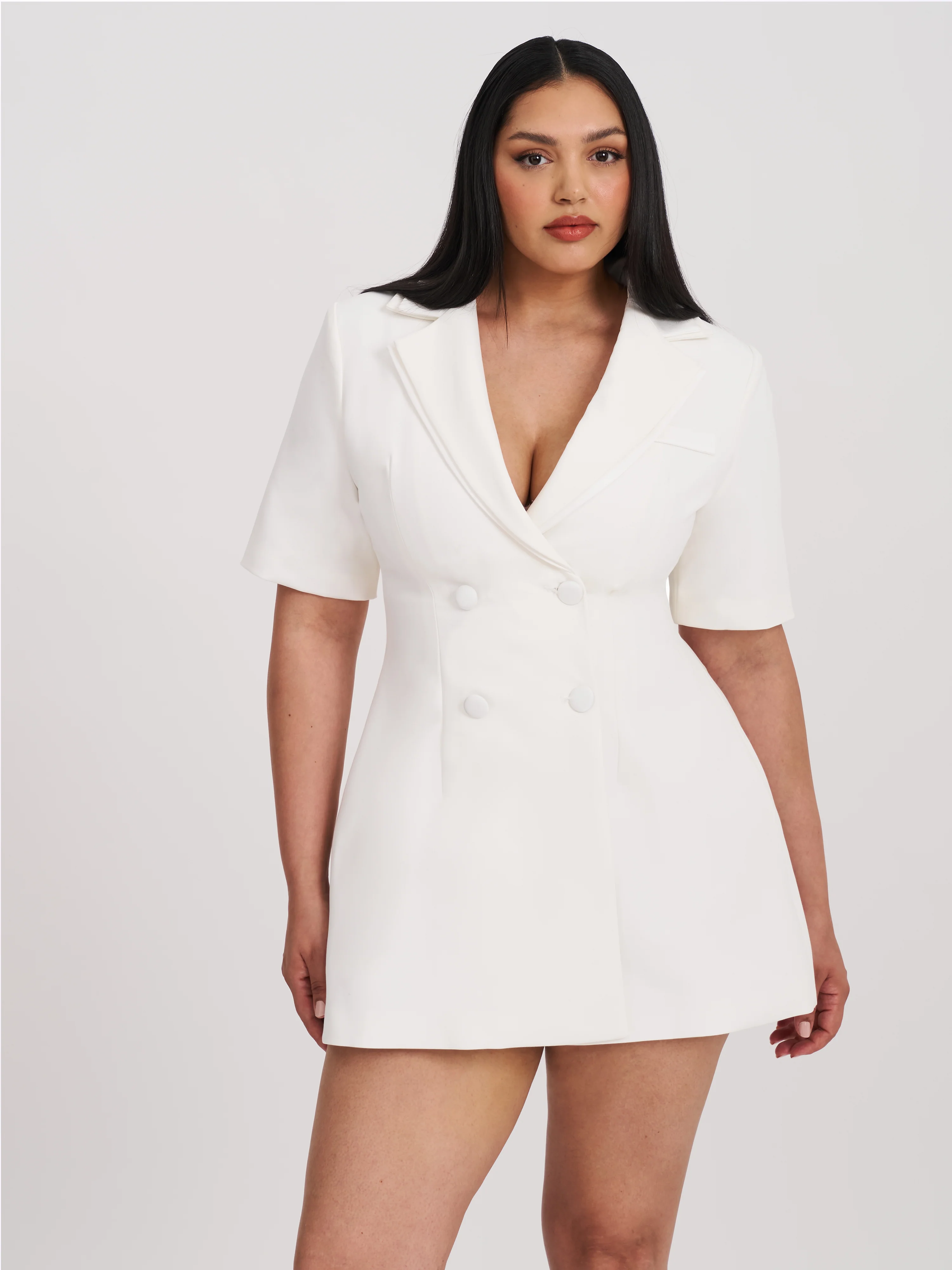 Madelina White Double Breast Satin Trim Blazer Dress