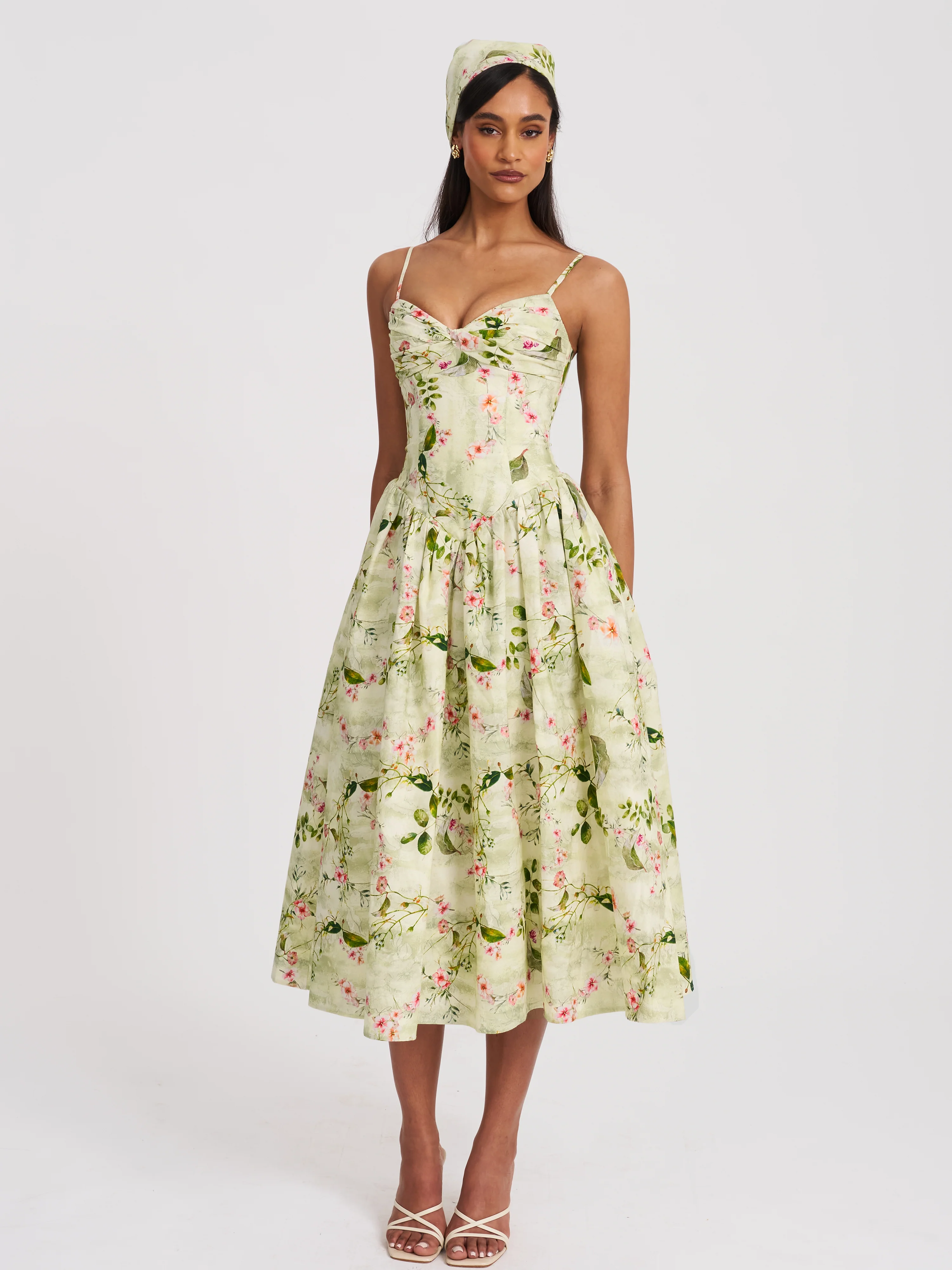 Jacinda Green Floral Print Ruched Breast Linen Midi Dress