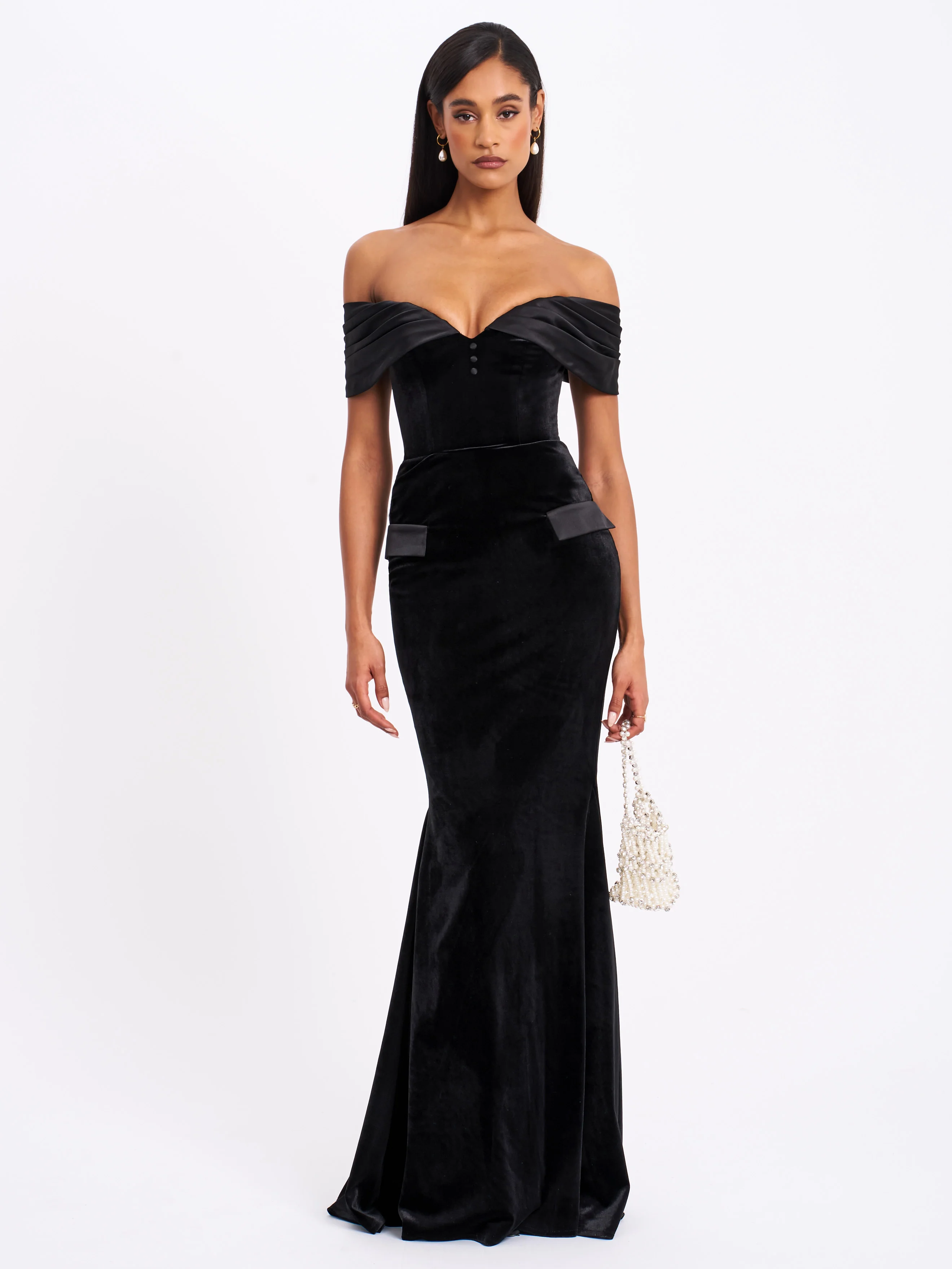 Qamra Black Velvet Off Shoulder Mermaid Maxi Dress