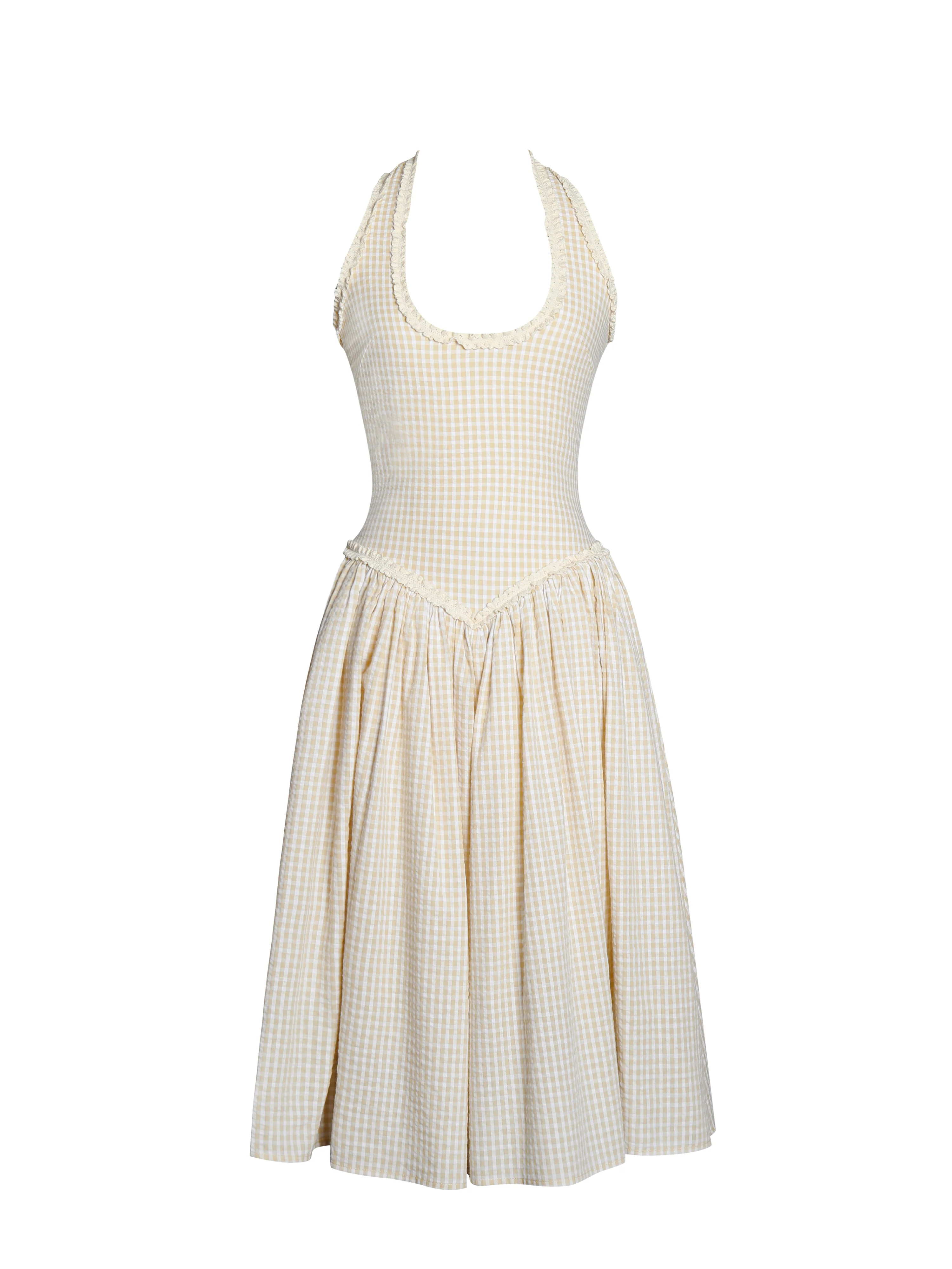 Idella Yellow Gingham U Neck Midi Dress