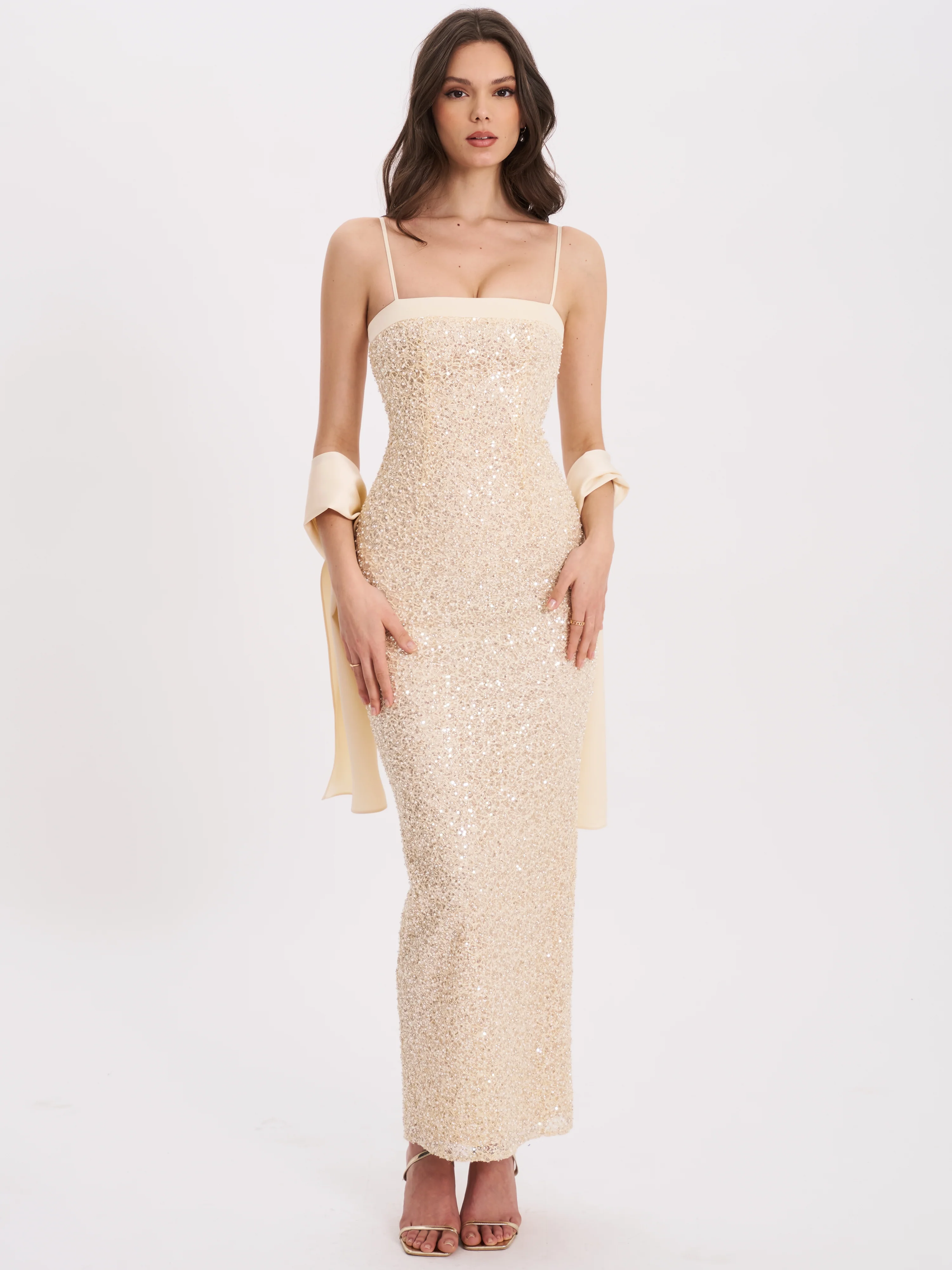 Raizel Gold Beaded Sequin Bodycon Gown with Scarf