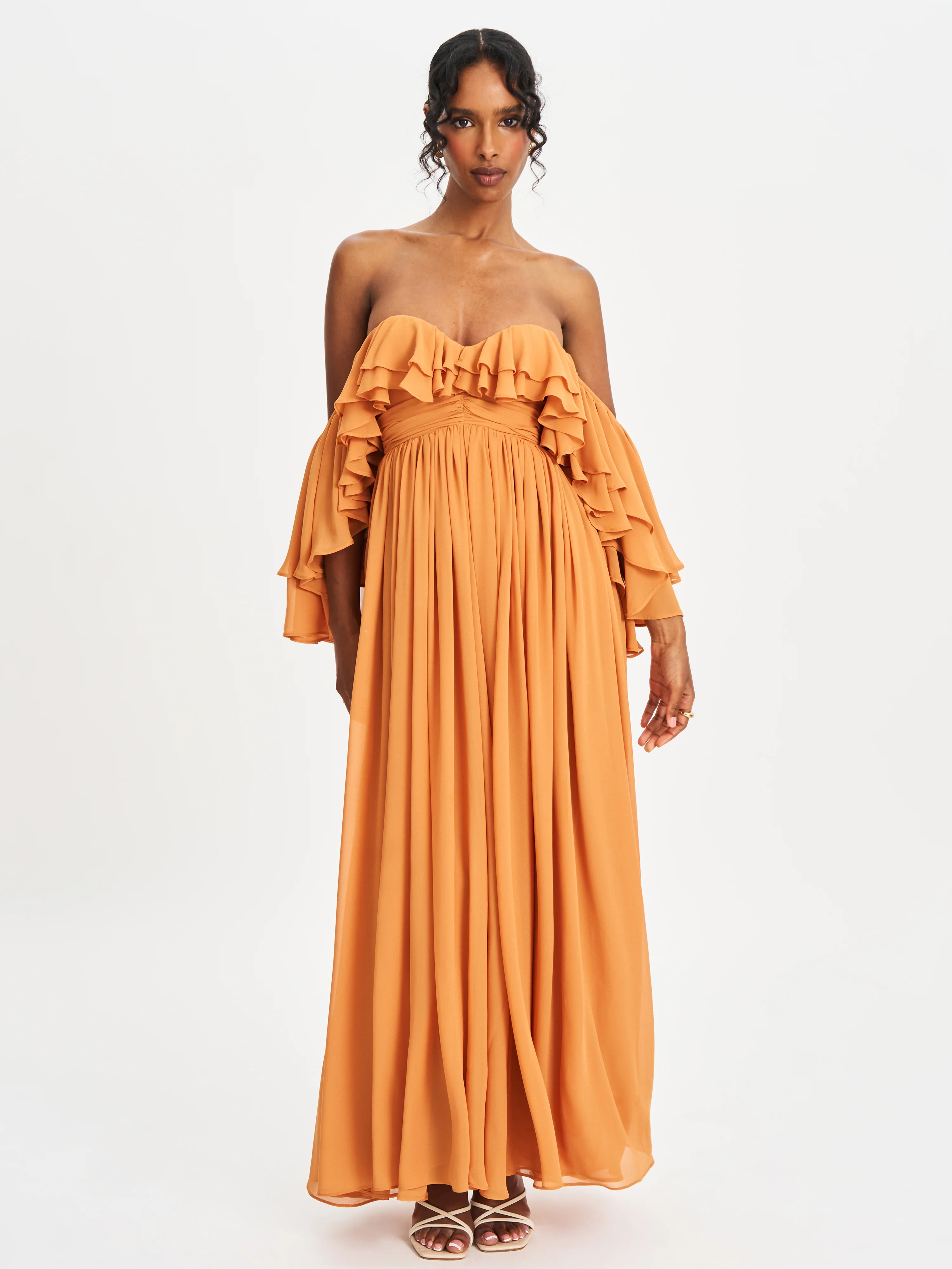 Kaela Brickwork Off Shoulder Chiffon Maxi Dress