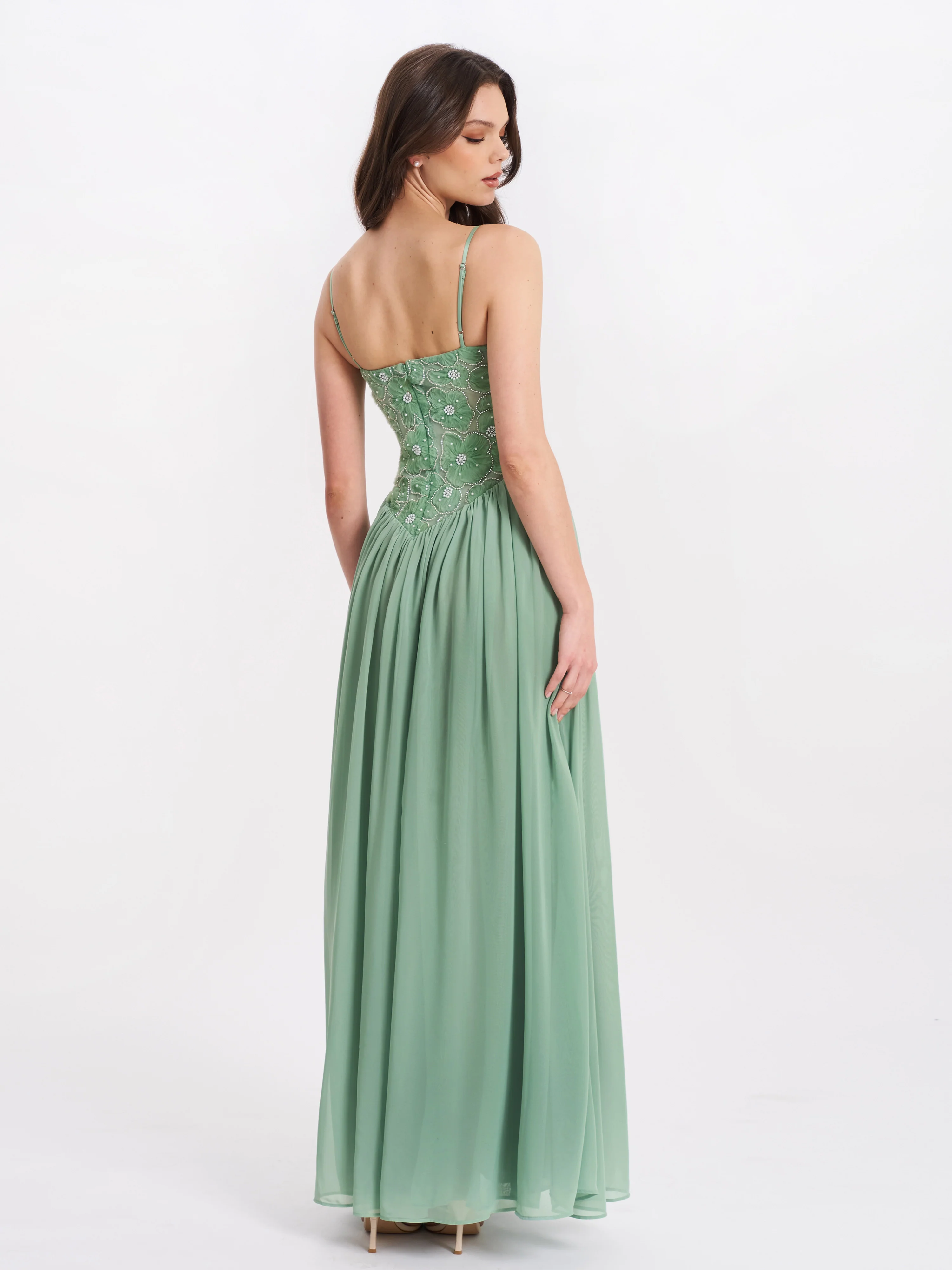 Ucille Sage Green Embroidered Chiffon Maxi Dress