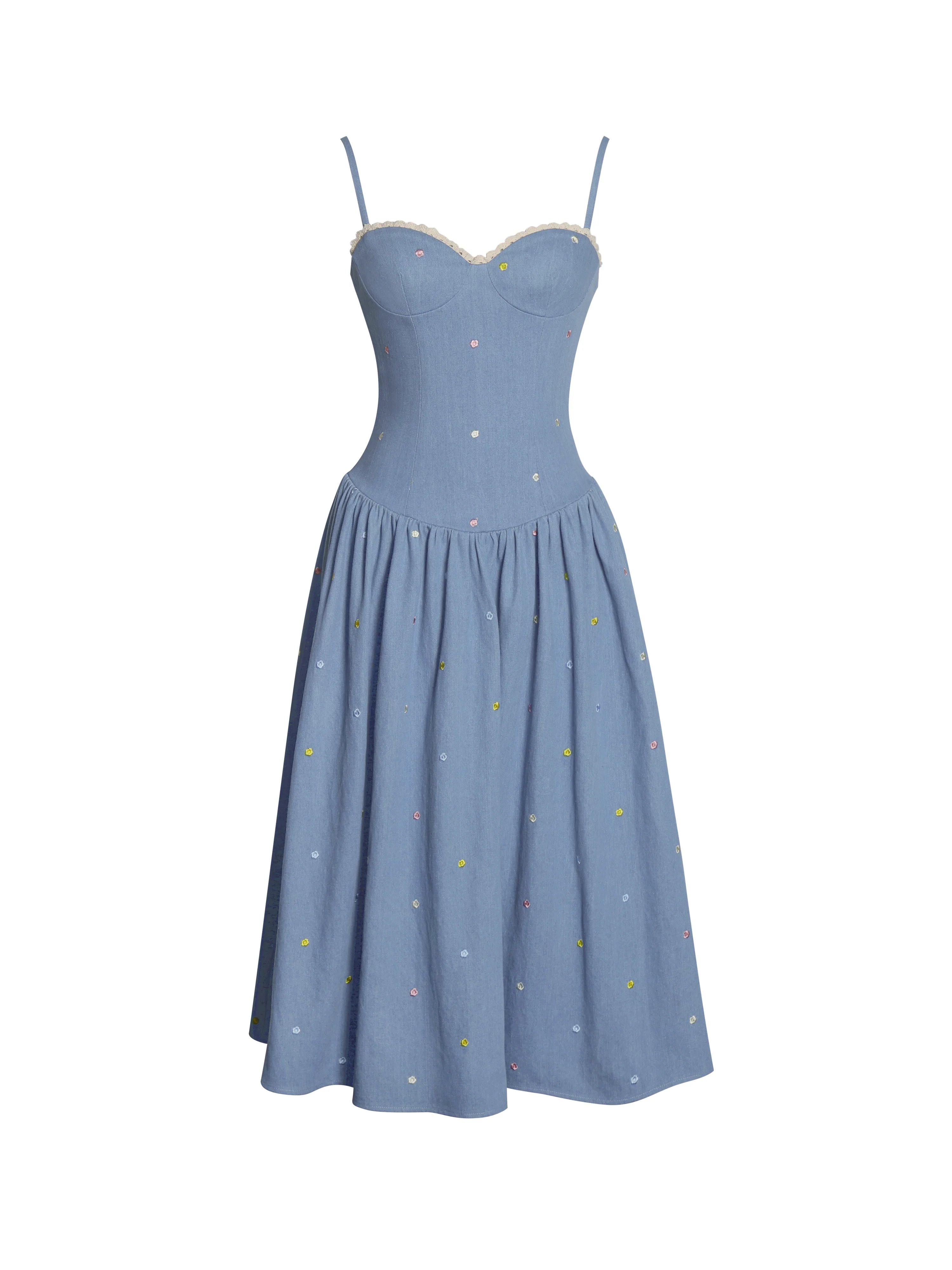 Zadie Cotton Denim Drop Waist Embroidery Flower Midi Dress