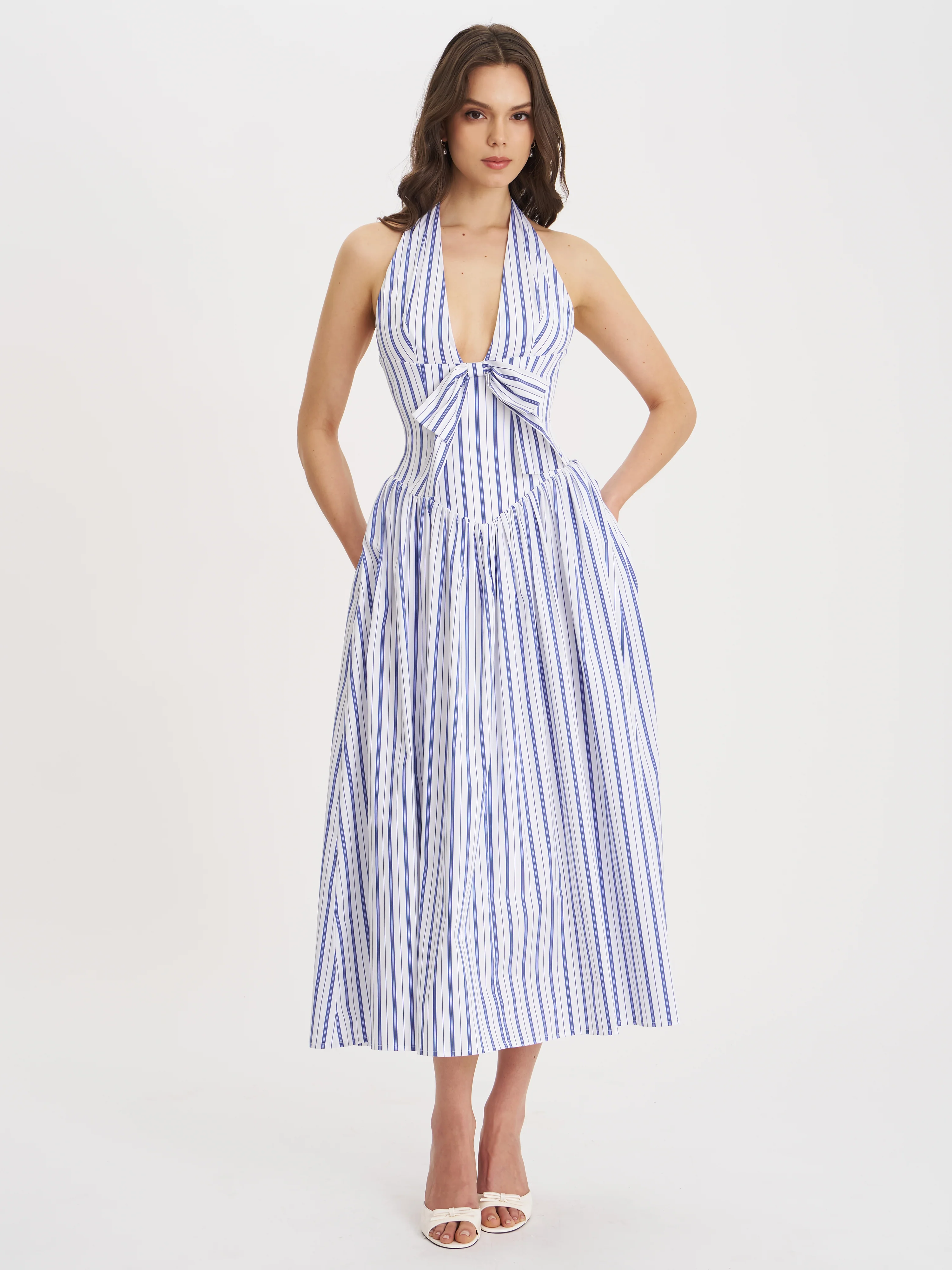 Mackenna Navy Stripe Halter Smock Back Maxi Dress