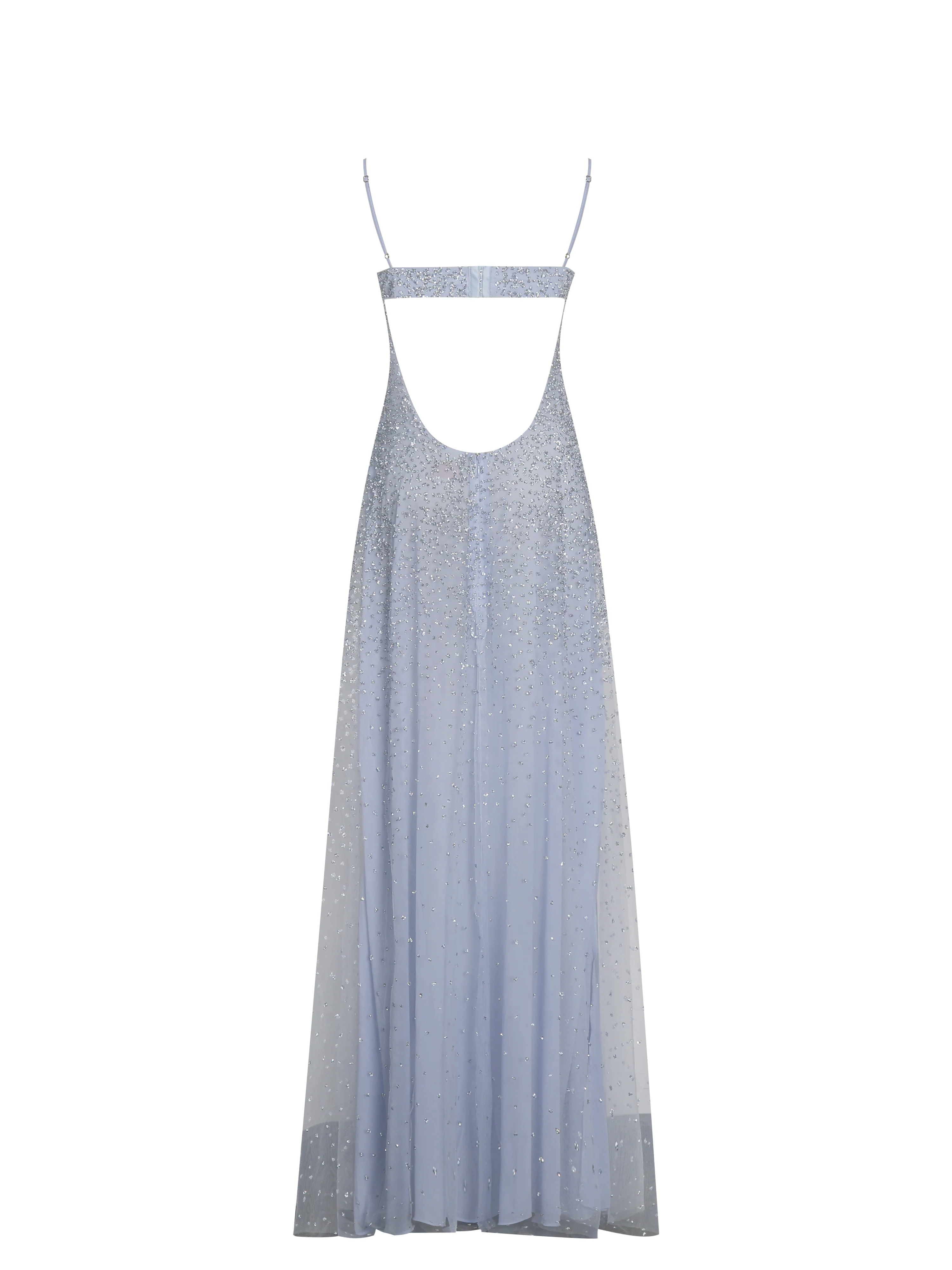 Wallie Baby Blue Rhinestone Embellished Mesh Backless Gown