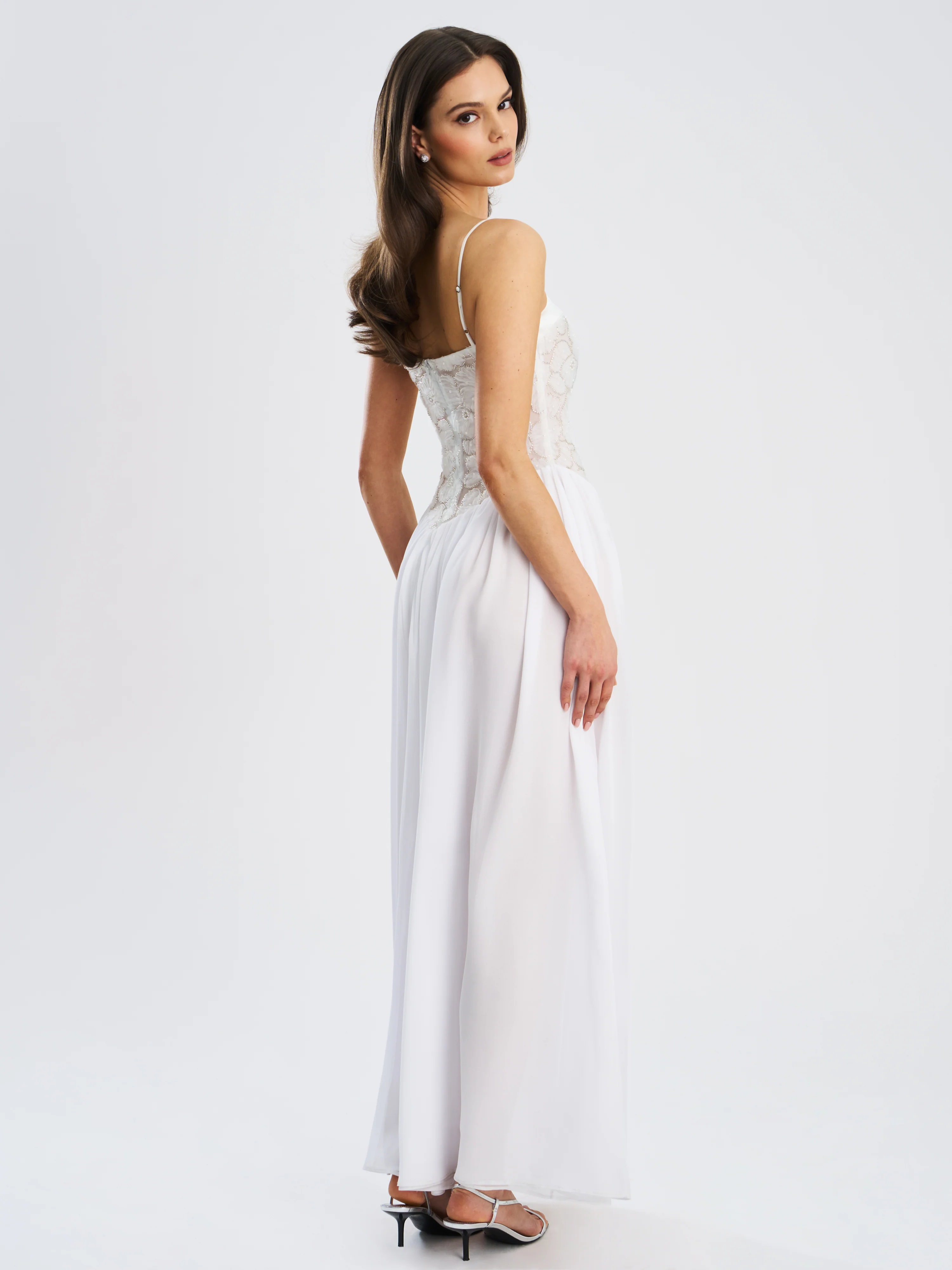 Ucille White Embroidered Chiffon Maxi Dress