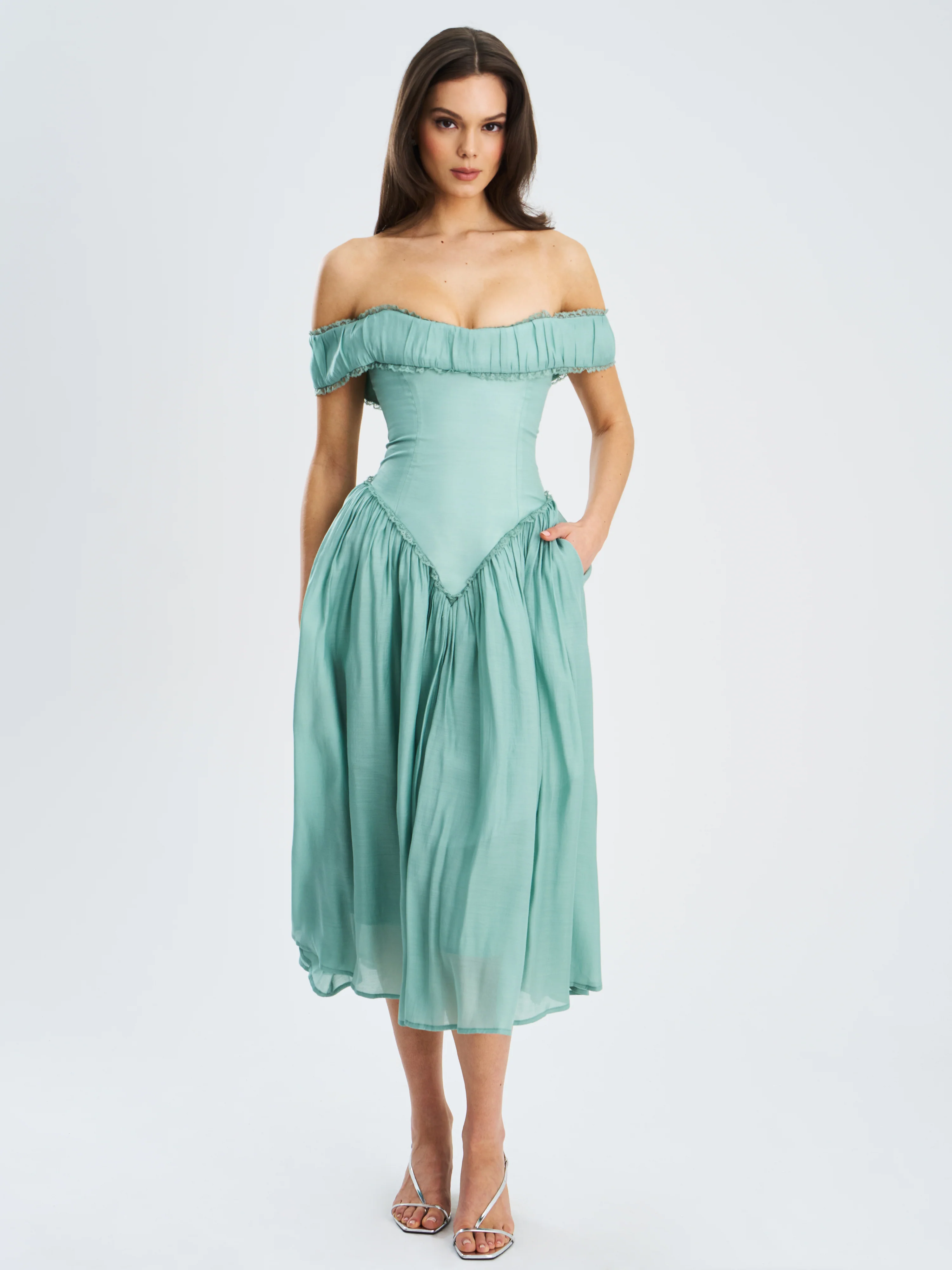 Xavy Teal Green Off Shoulder Corset Midi Dress