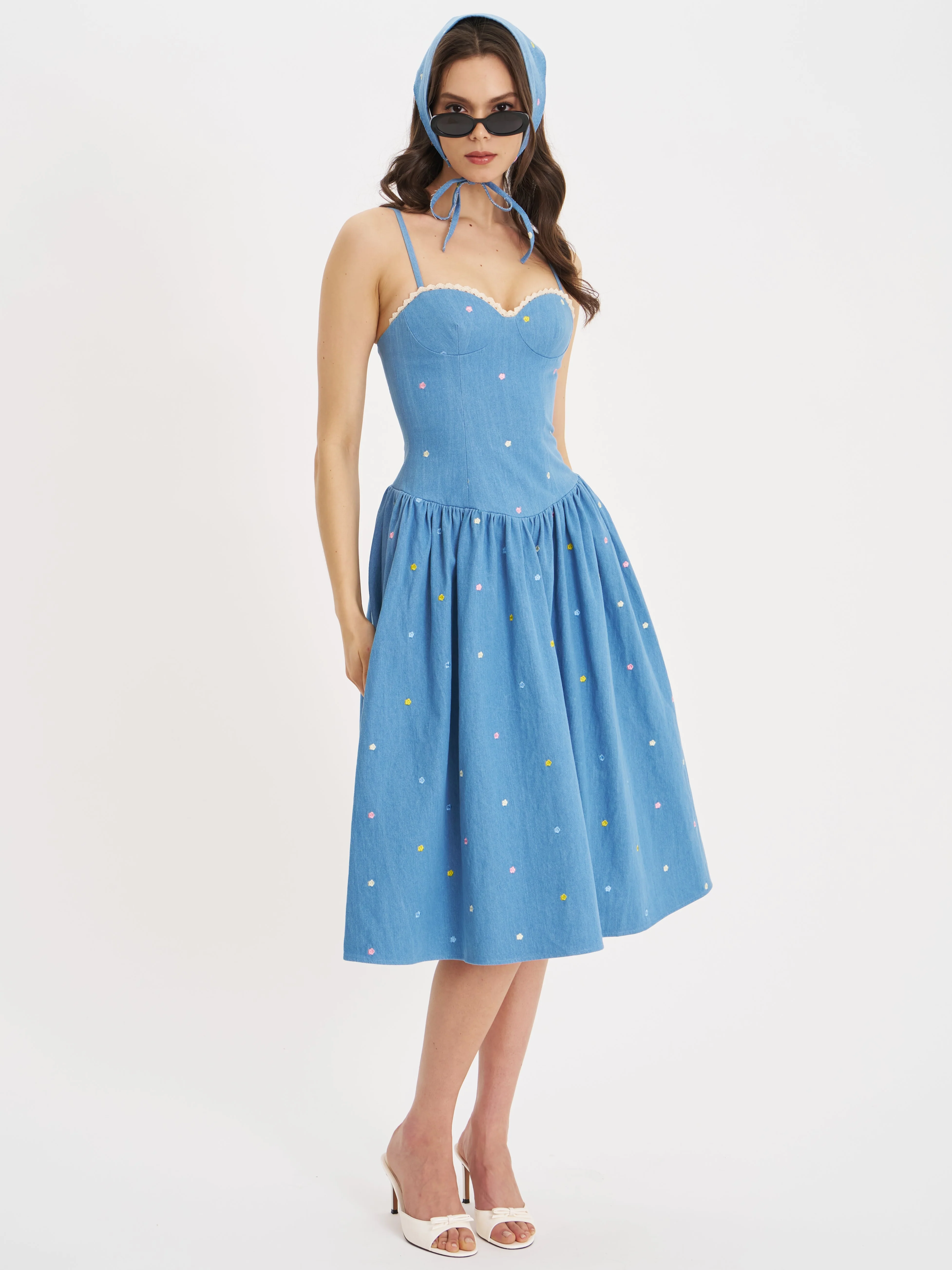 Zadie Cotton Denim Drop Waist Embroidery Flower Midi Dress