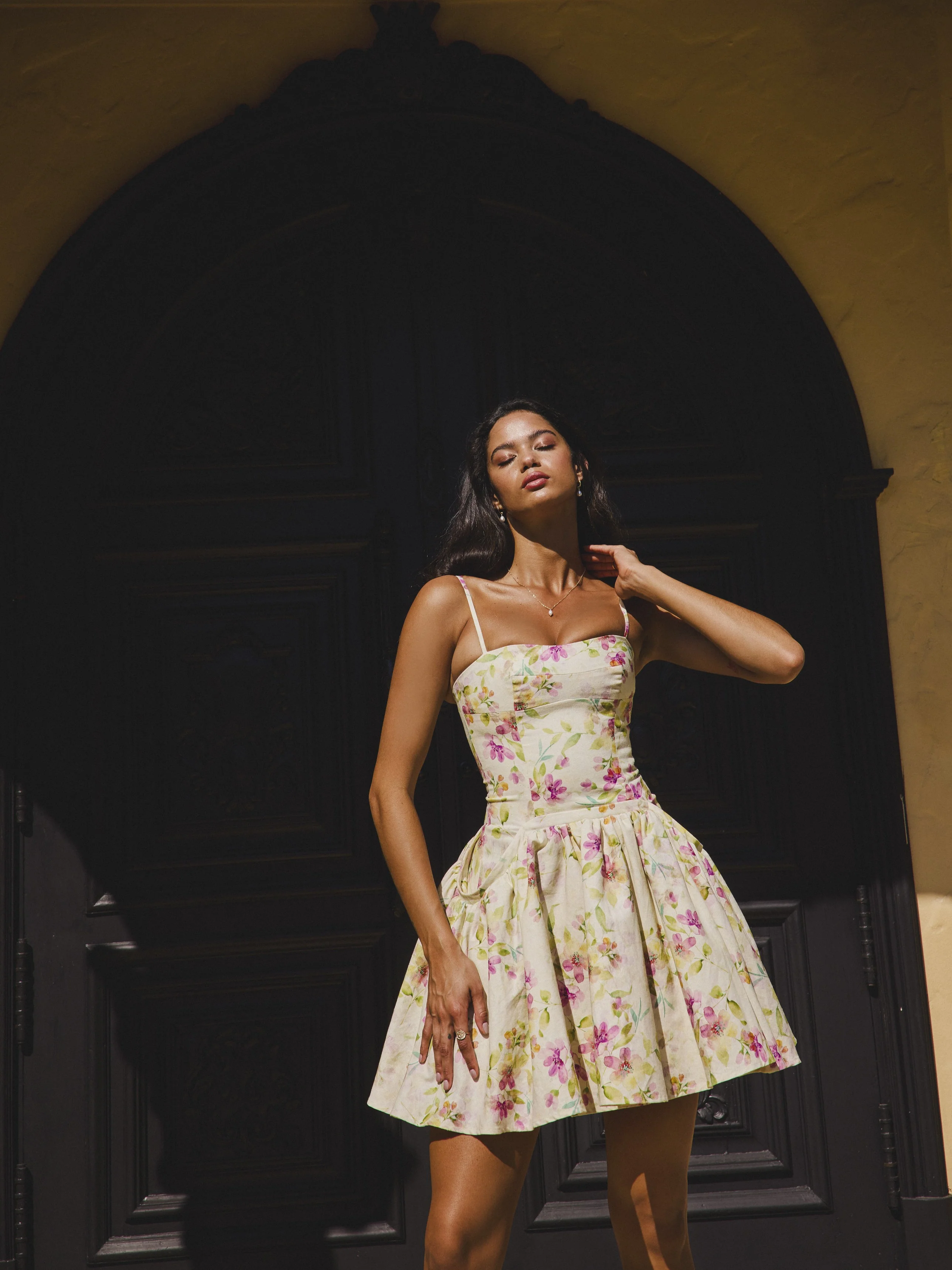 Valda Yellow and Pink Print Linen Mini Dress with Pockets