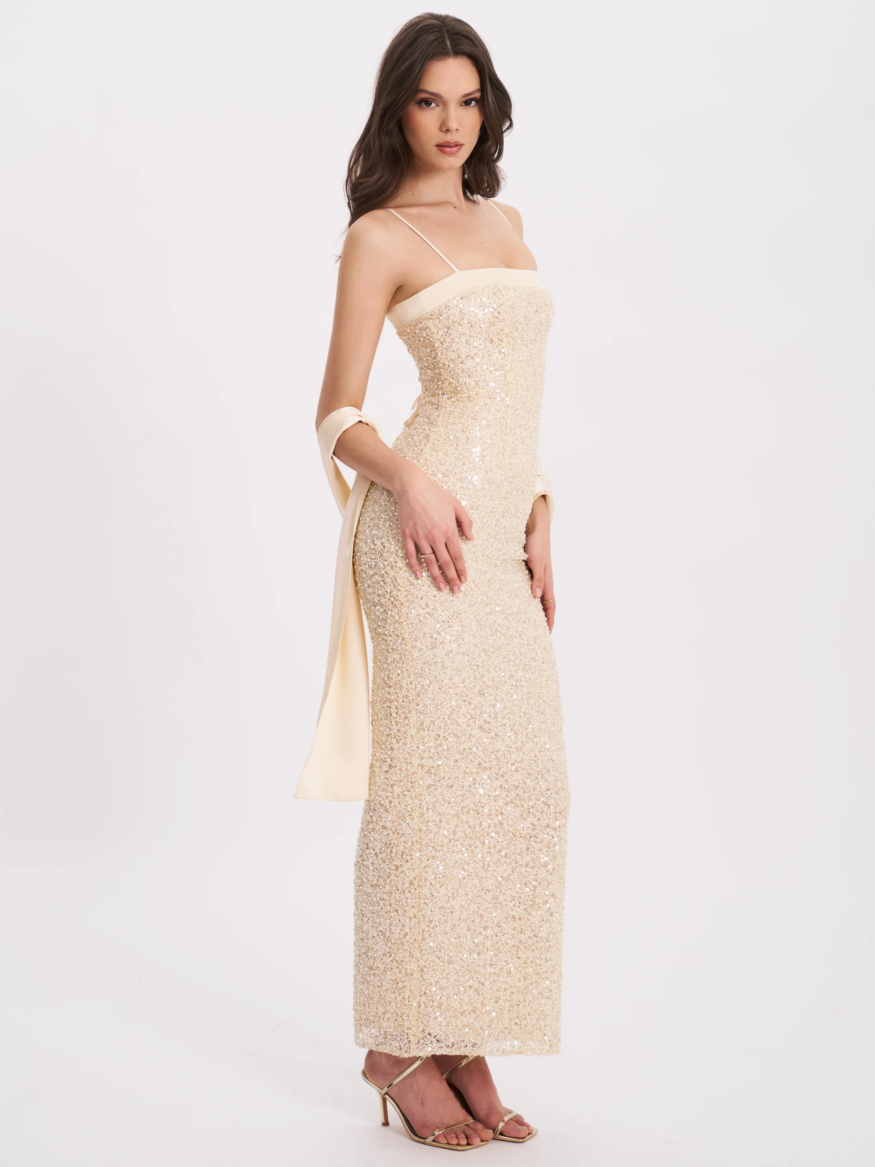 Raizel Gold Beaded Sequin Bodycon Gown with Scarf