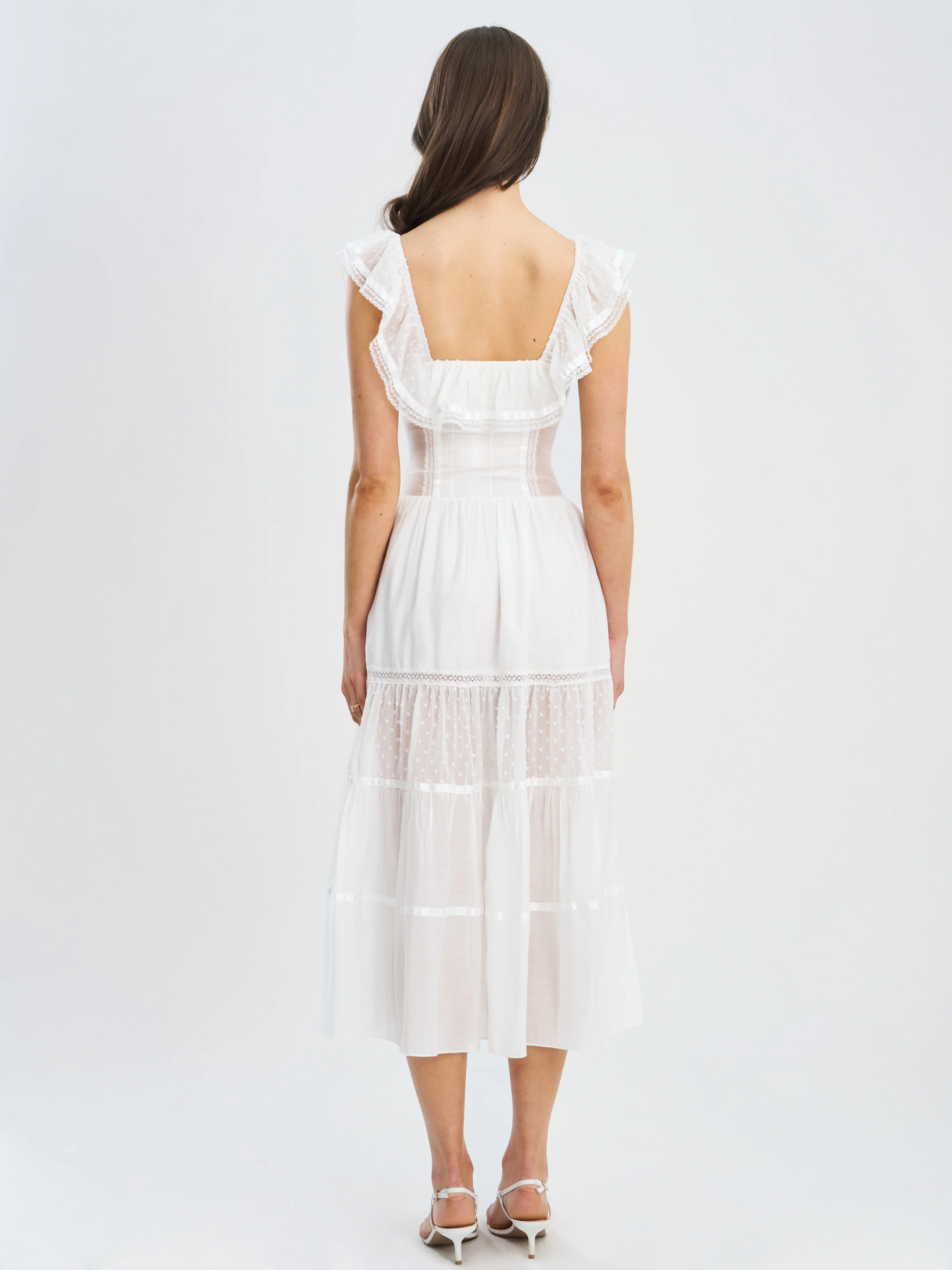 Eden Square Neck Ruffle Trim High Waist Midi Dress