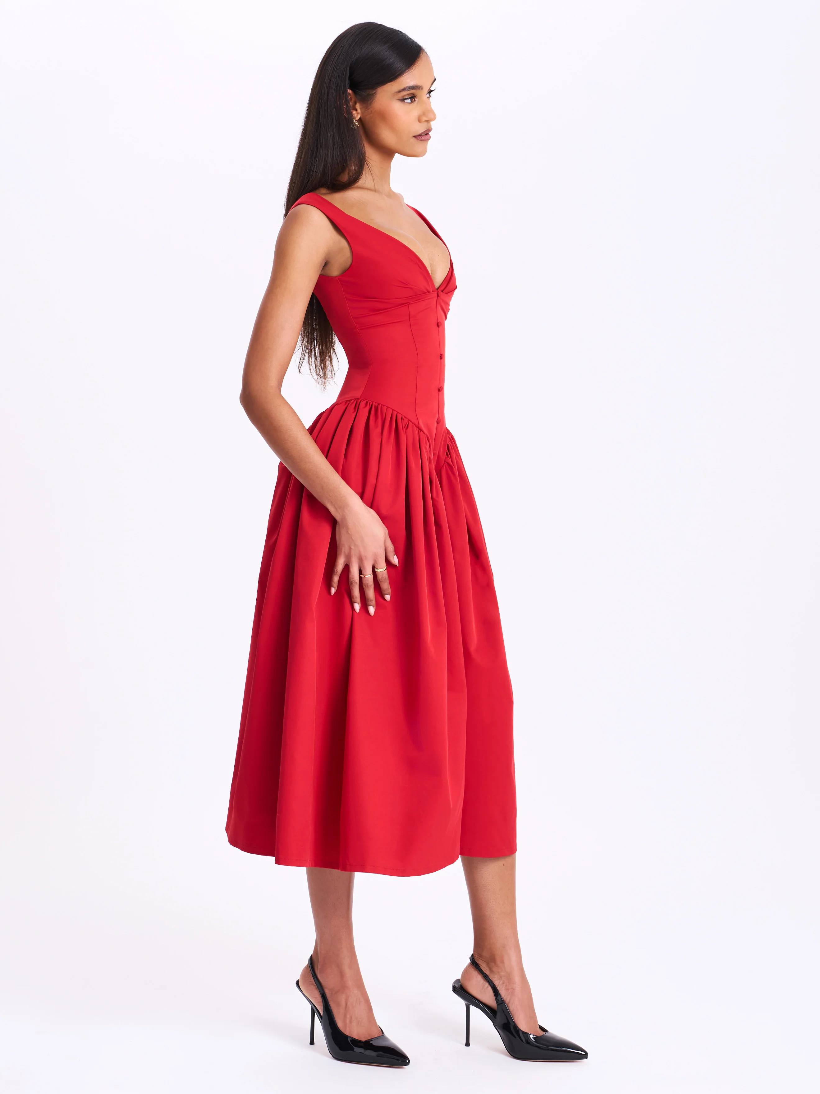Nahla Red Drop Waist Midi Dress with Buttons