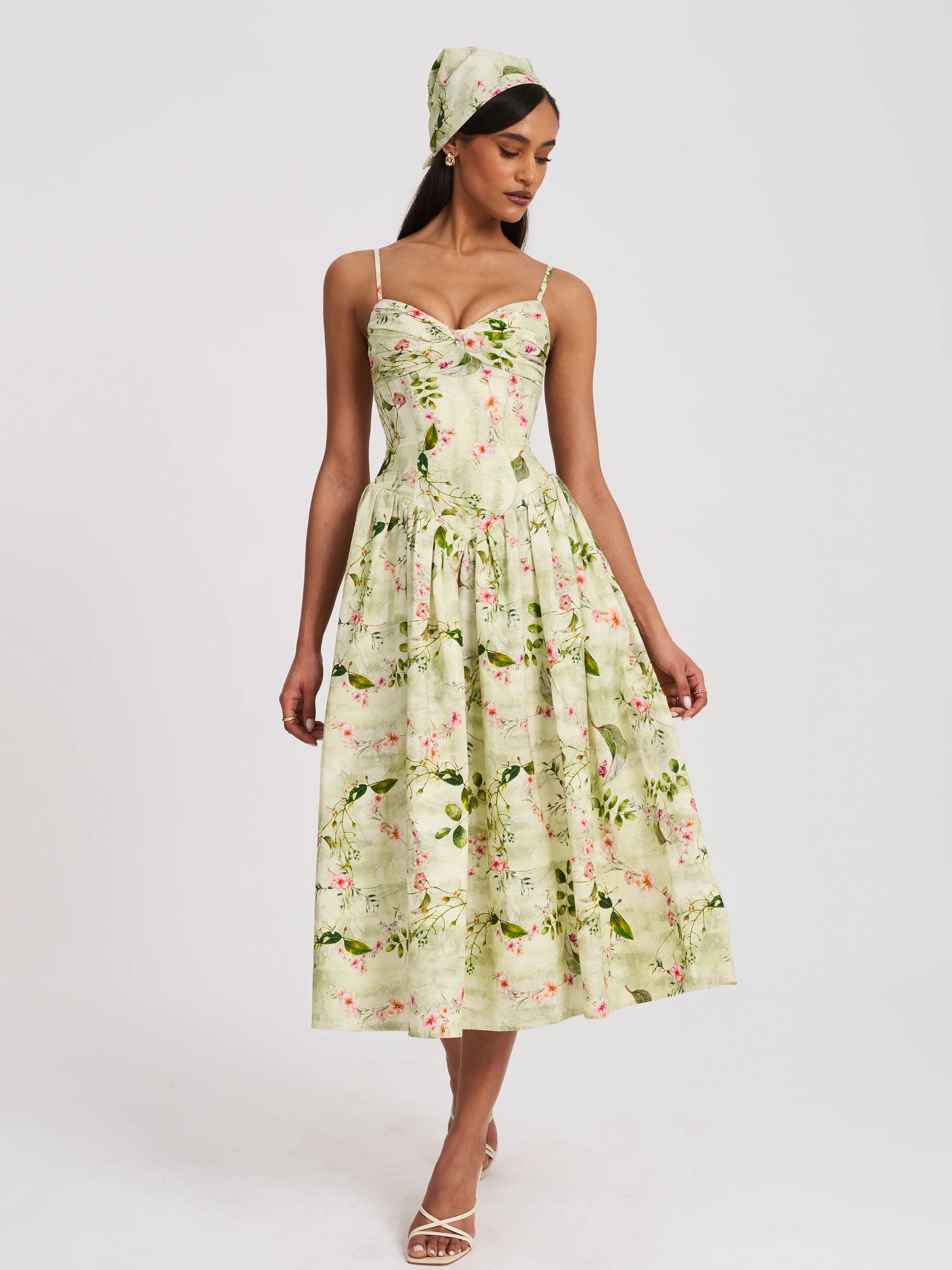 Jacinda Green Floral Print Ruched Breast Linen Midi Dress