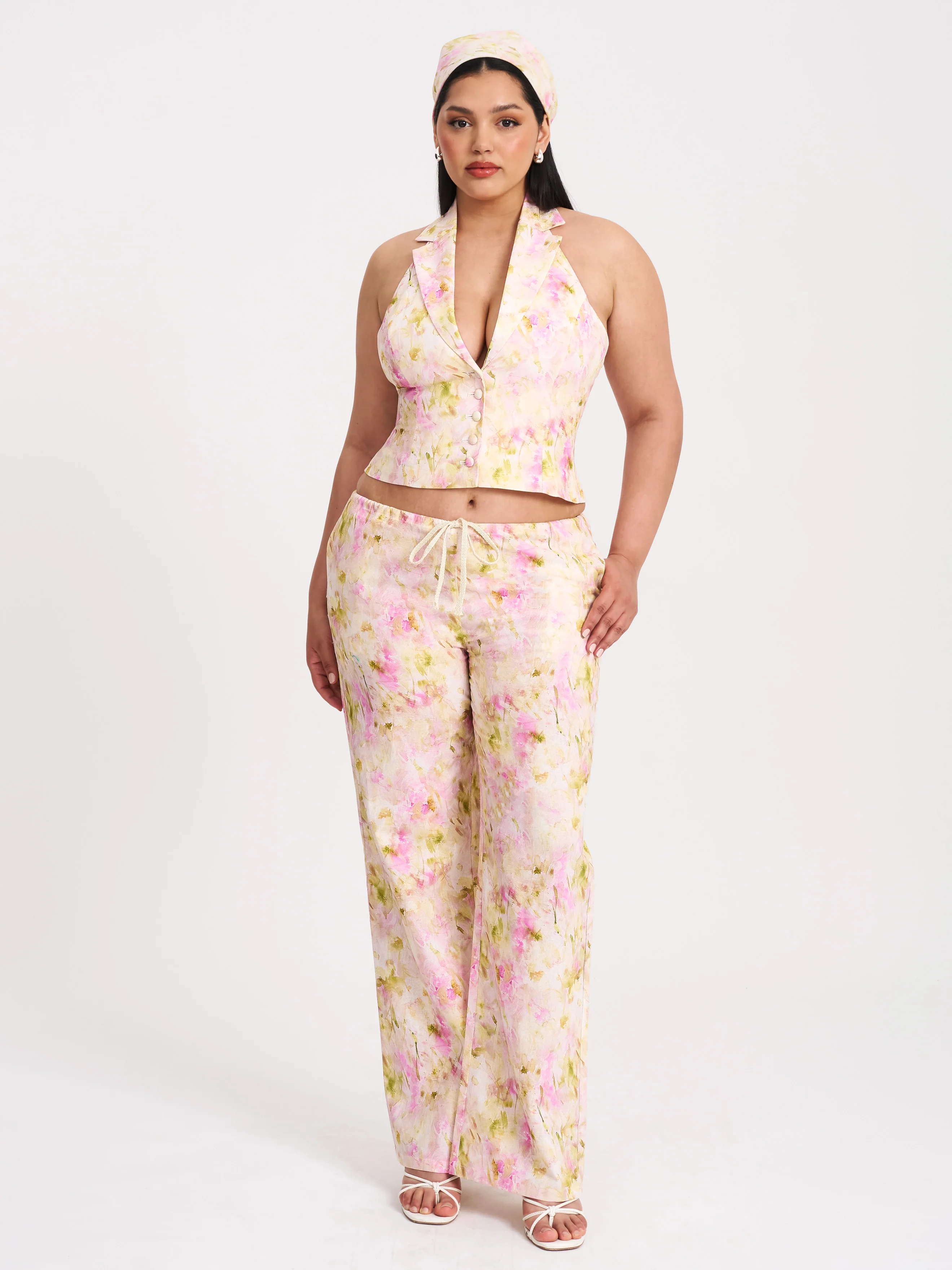 Laureen Pink Floral Print Linen Straight Pants