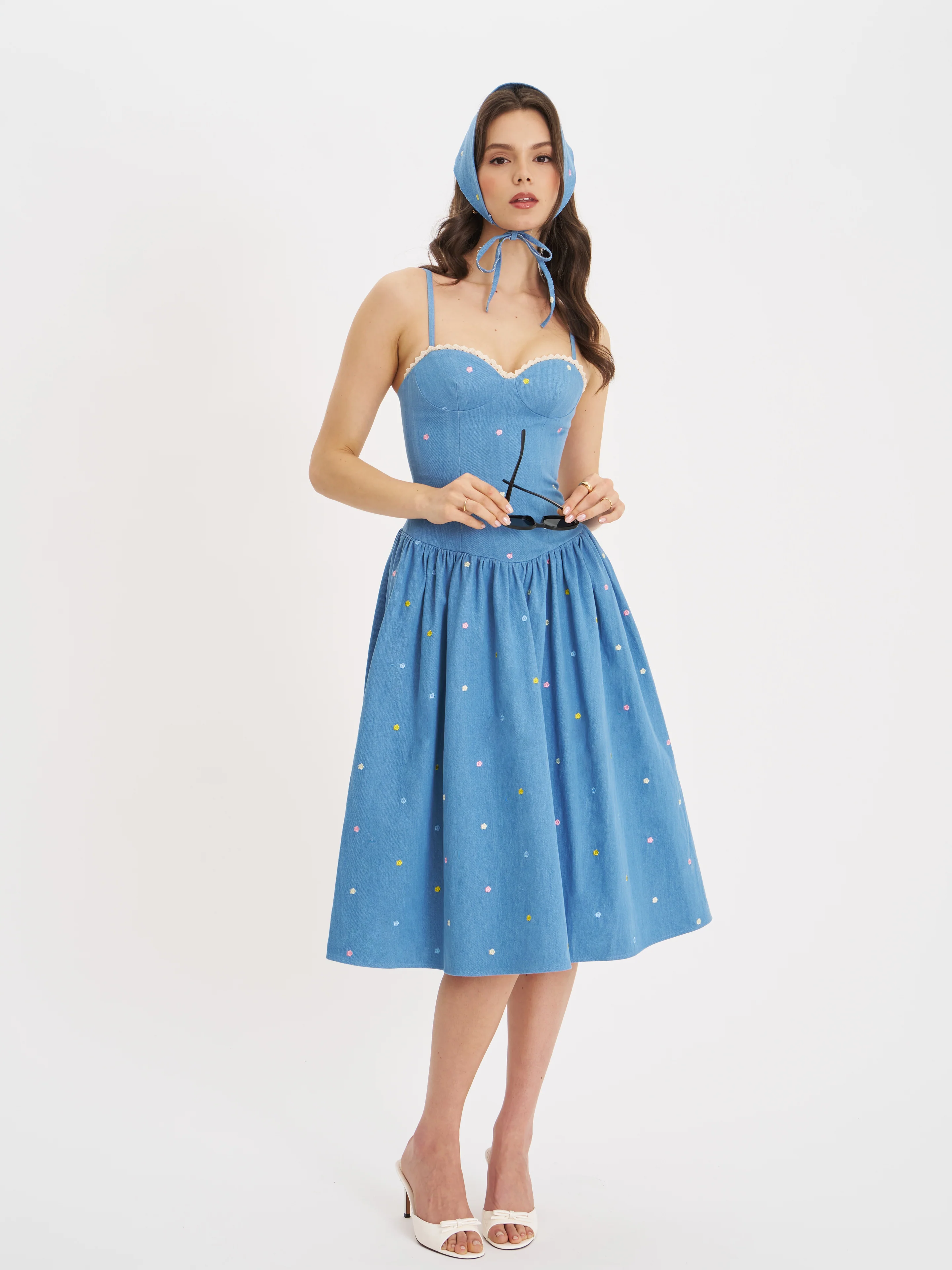 Zadie Cotton Denim Drop Waist Embroidery Flower Midi Dress