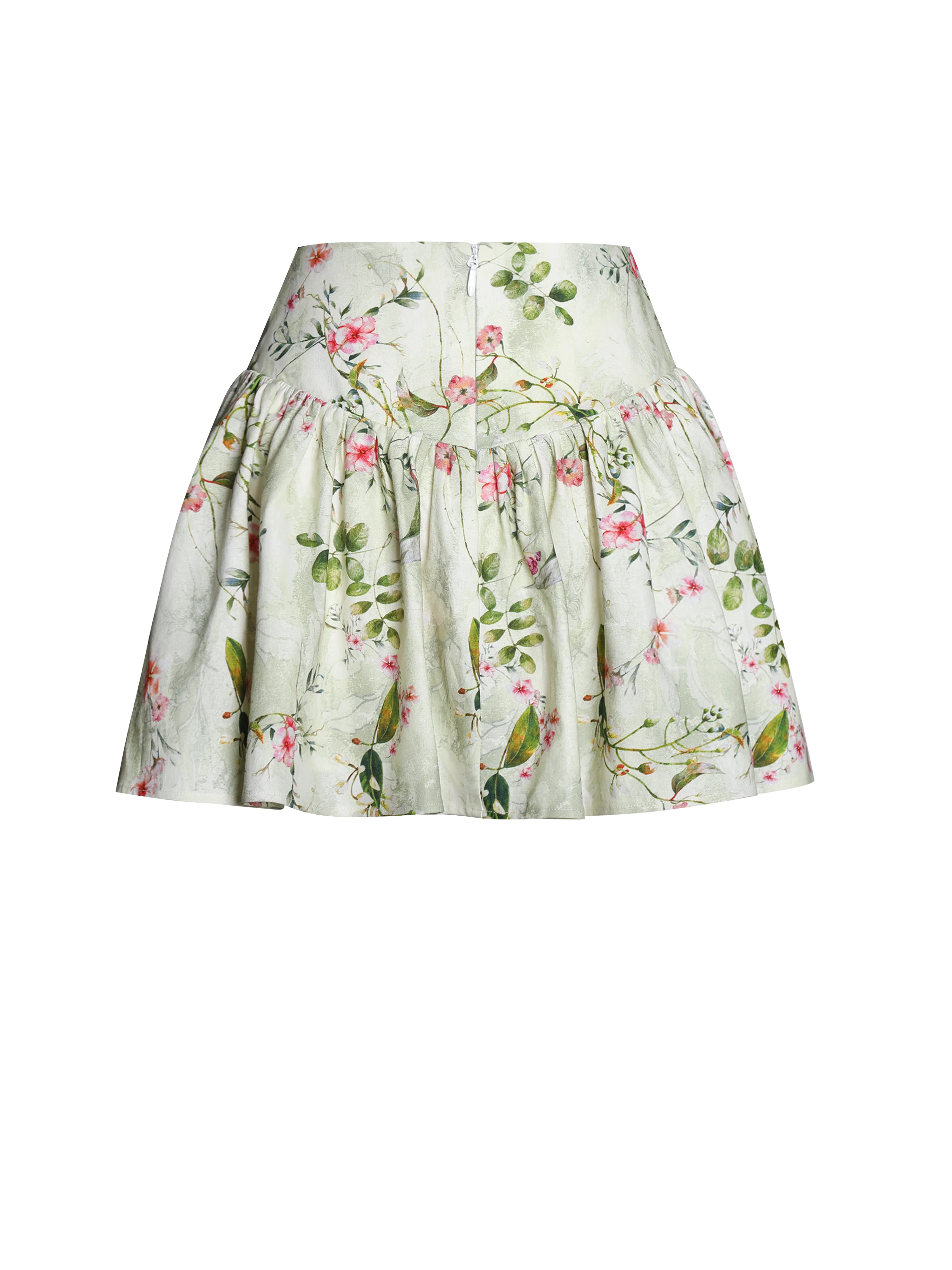 Zanelle Green Floral Print Drop Waist Linen Full Skirt