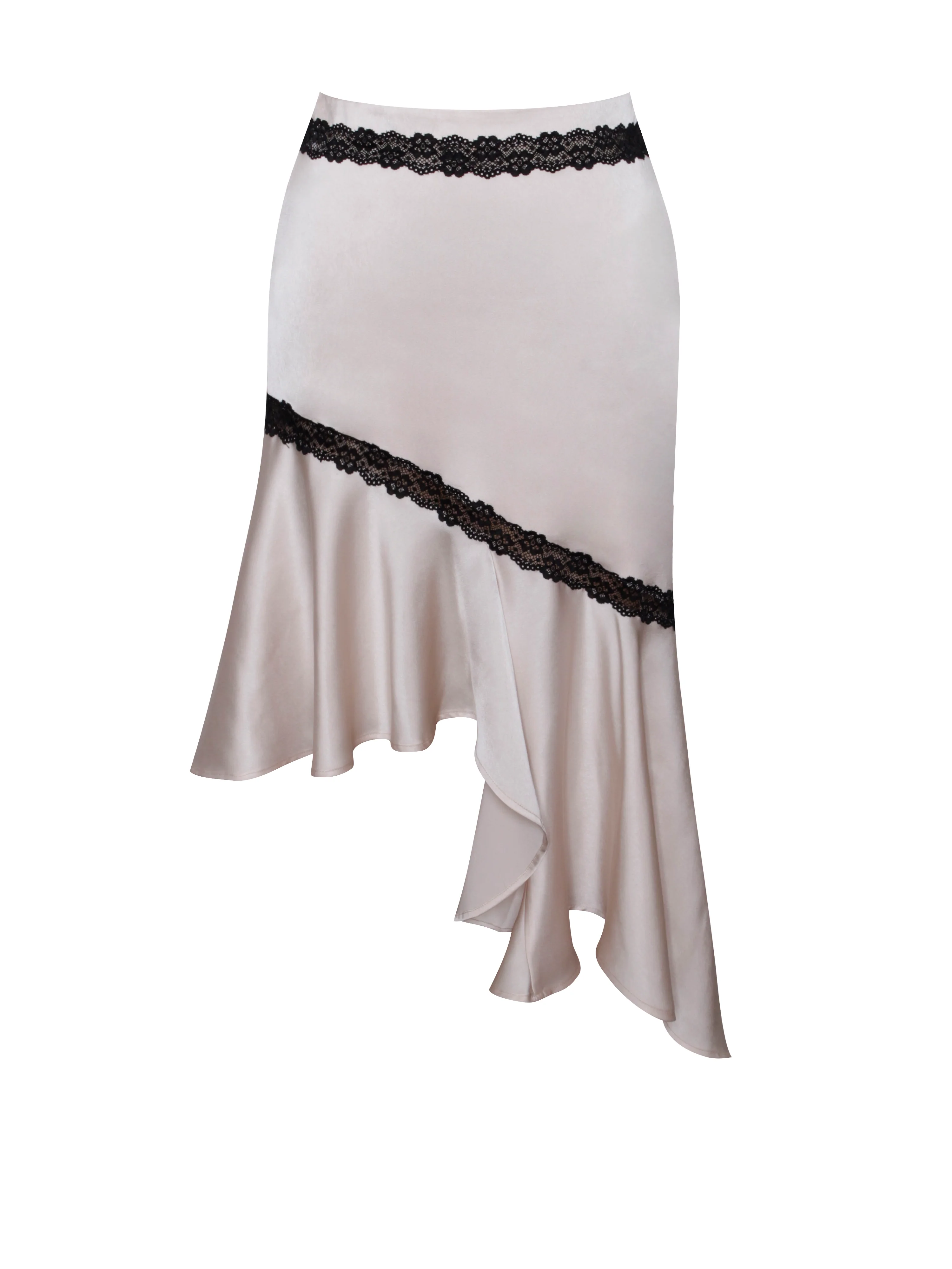 Yahvi Beige Lace Trim Satin Skirt