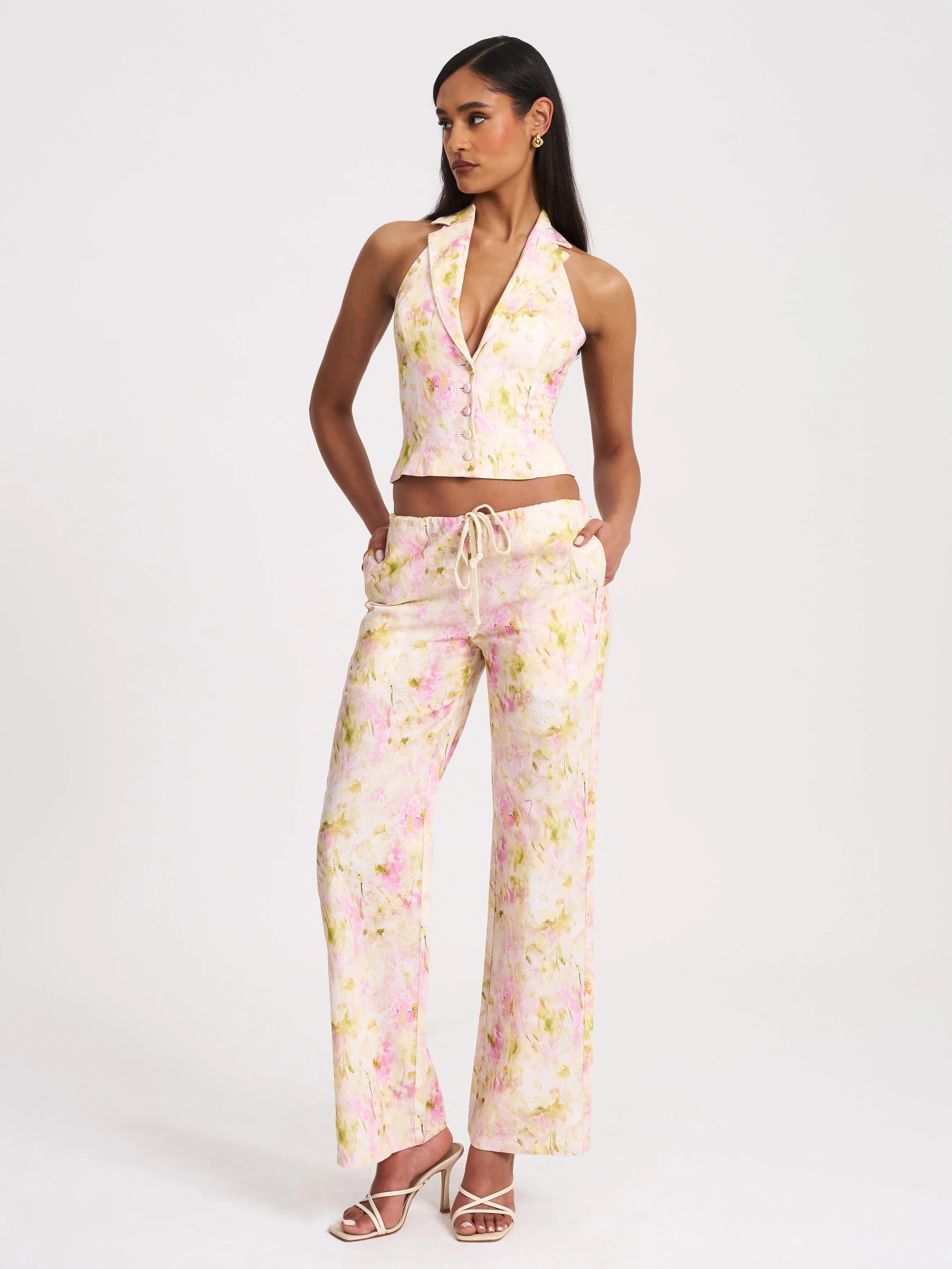 Laureen Pink Floral Print Linen Straight Pants