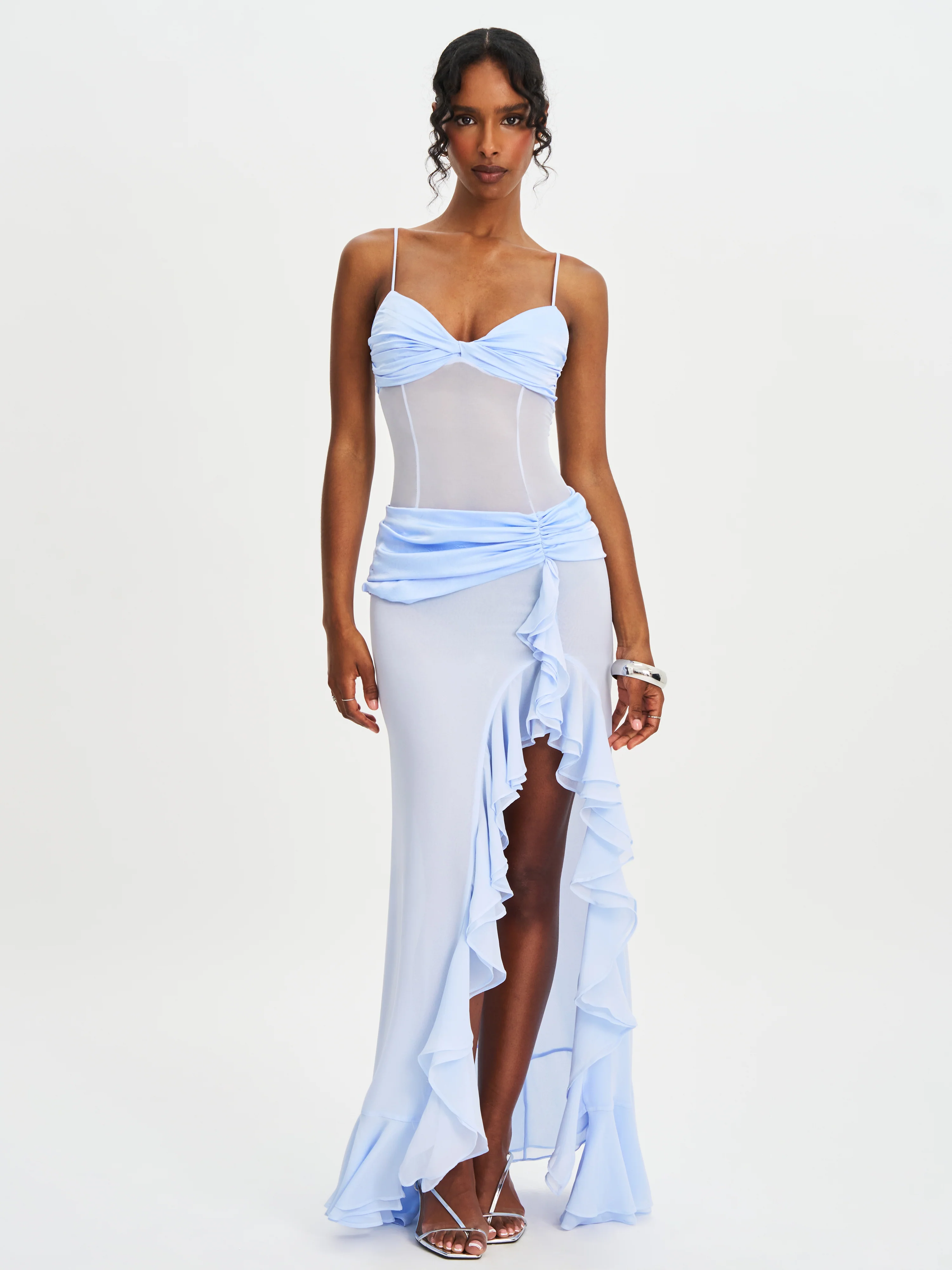 Lacy Blue Ruched Breast High Slit Chiffon Dress