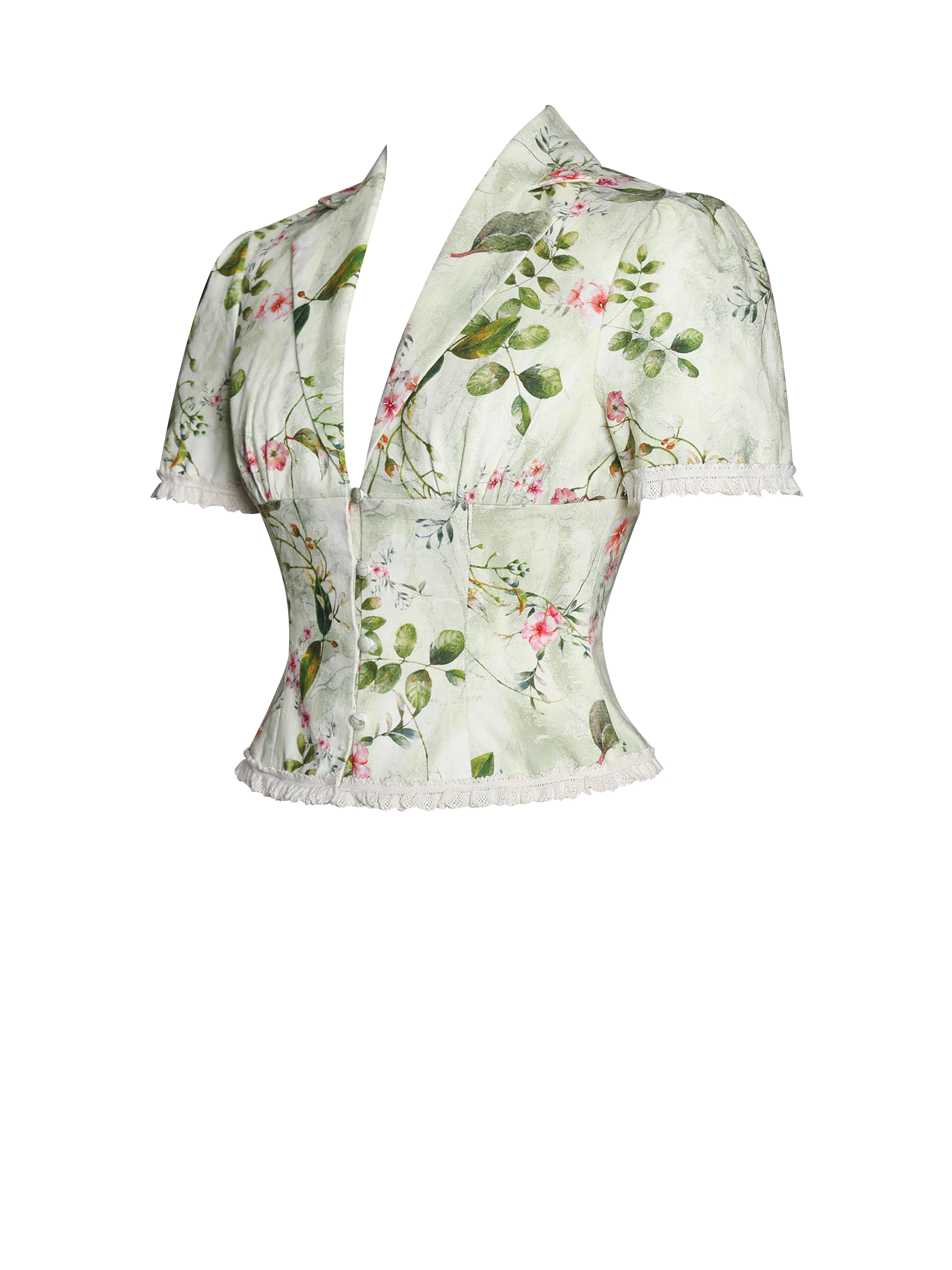 Zanella Green Floral Print Lace Trim Linen Top