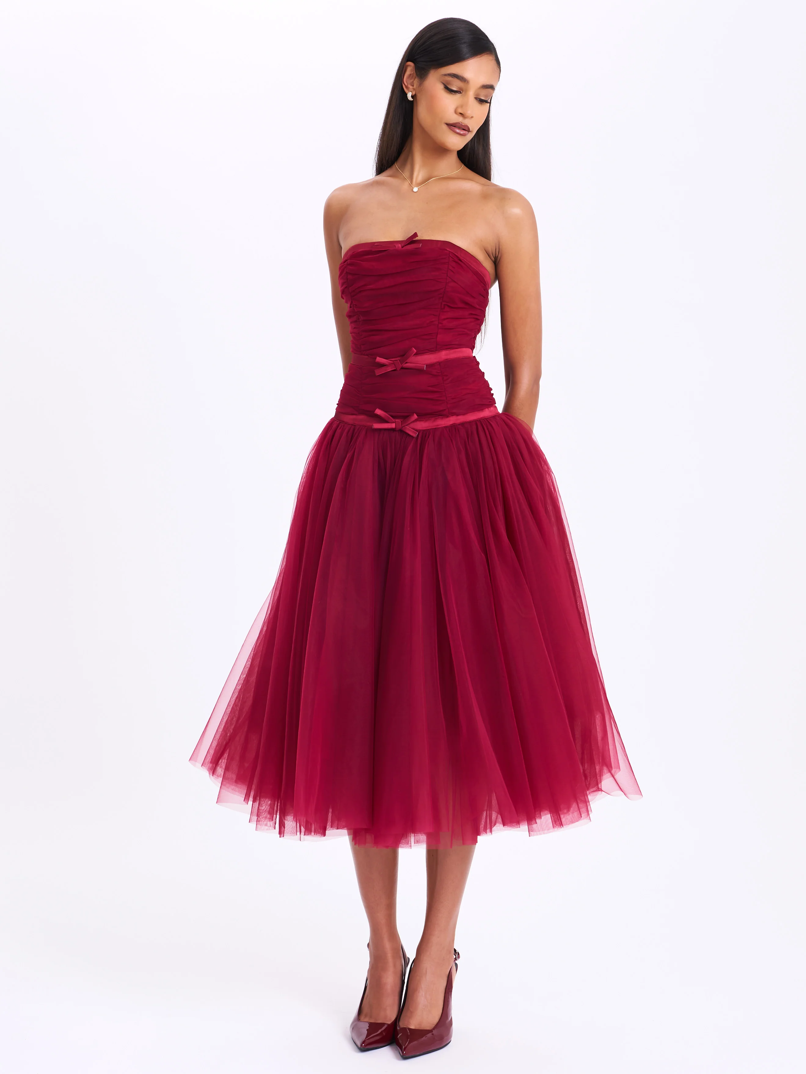 Mabel Burgundy Drop Waist Layered Mesh Midi Puffy Dress with Bow