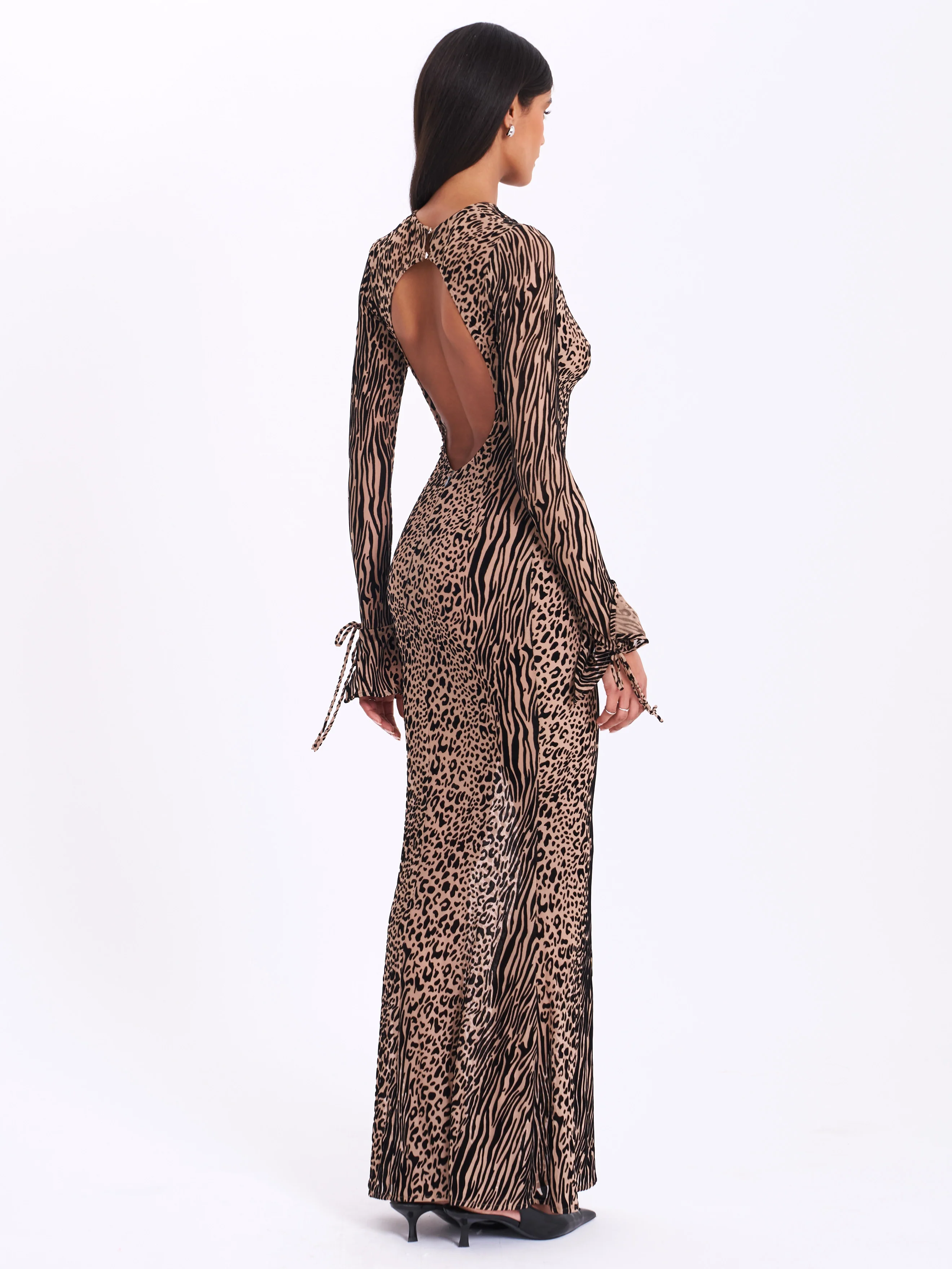 Waylynn Nude Black Animal Print Burnout Velvet Detail Mesh Backless Maxi Dress