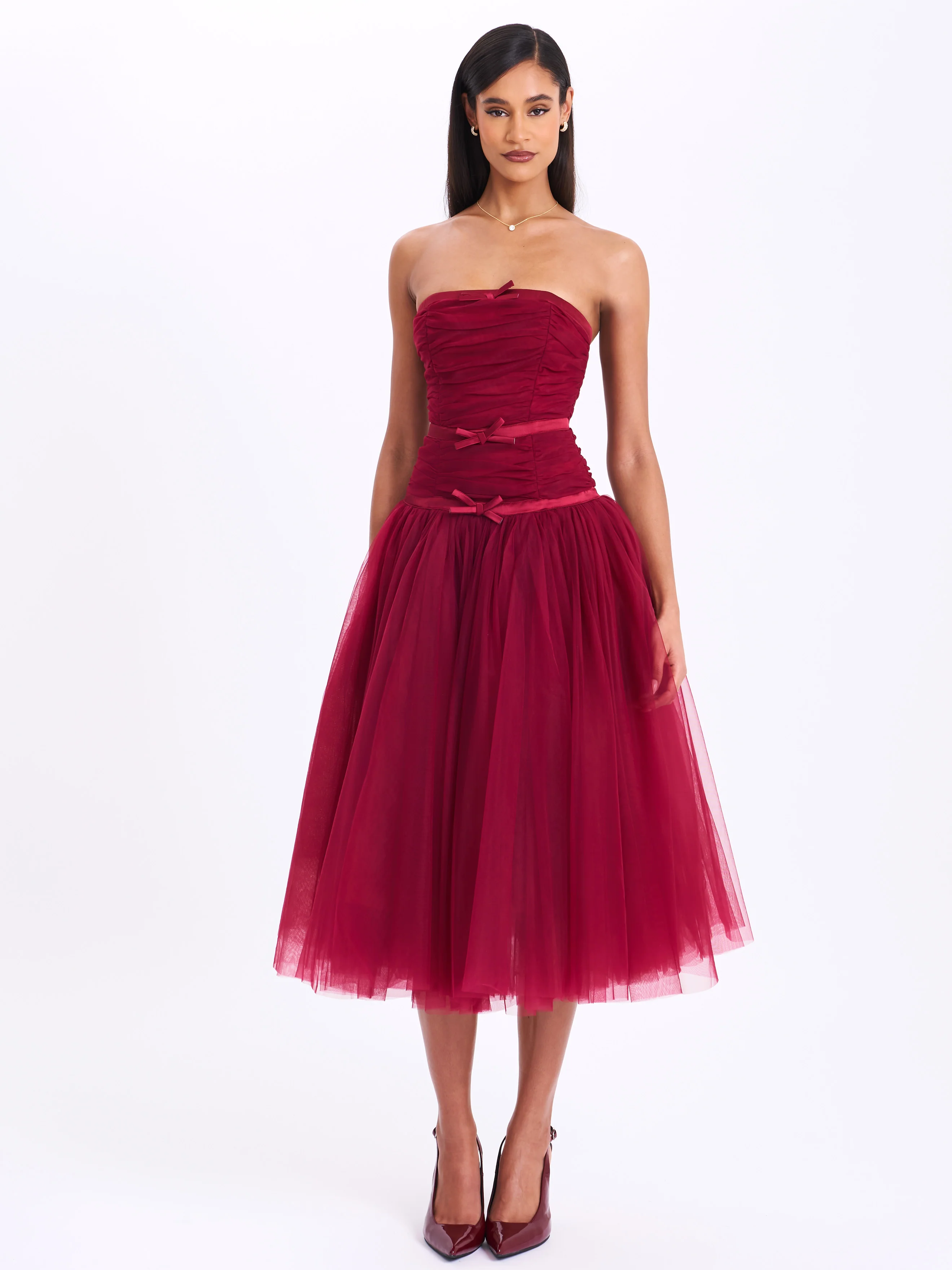 Mabel Burgundy Drop Waist Layered Mesh Midi Puffy Dress with Bow