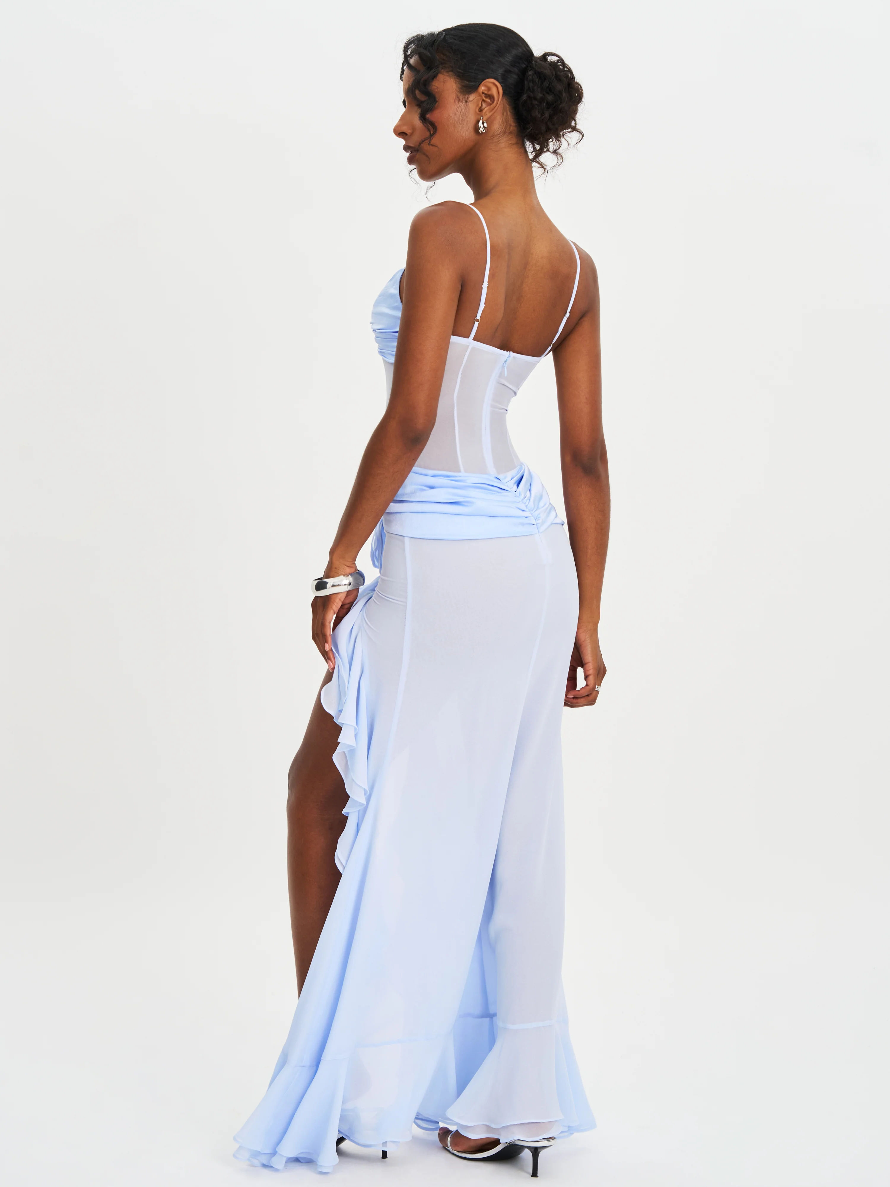 Lacy Blue Ruched Breast High Slit Chiffon Dress