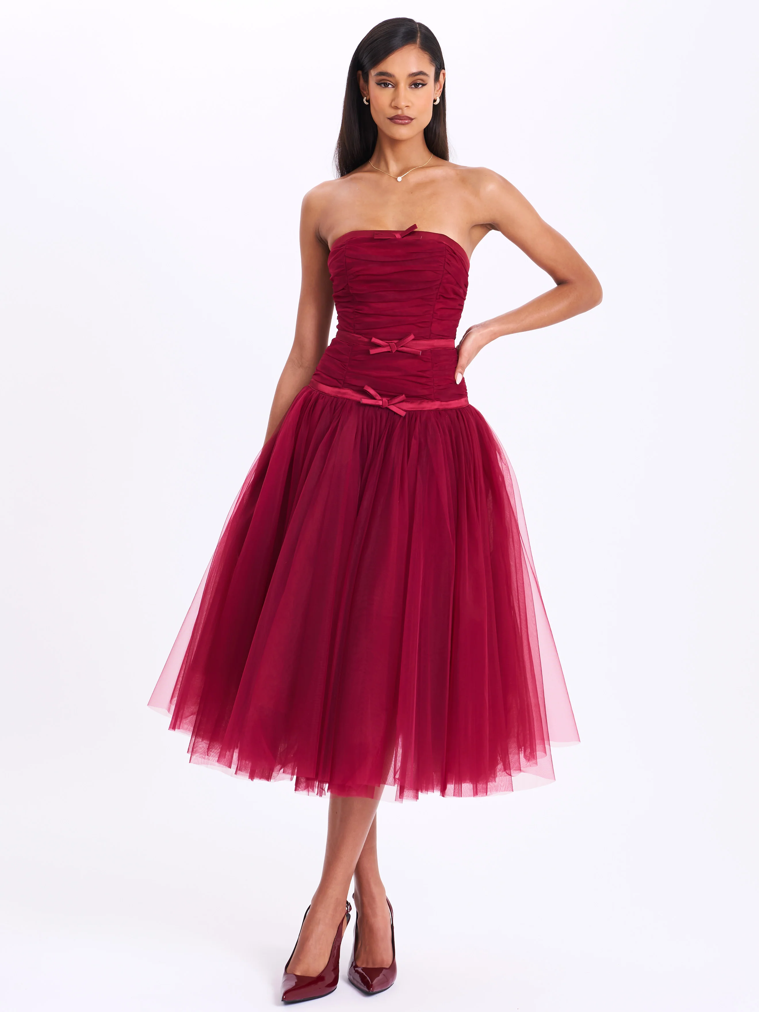 Mabel Burgundy Drop Waist Layered Mesh Midi Puffy Dress with Bow